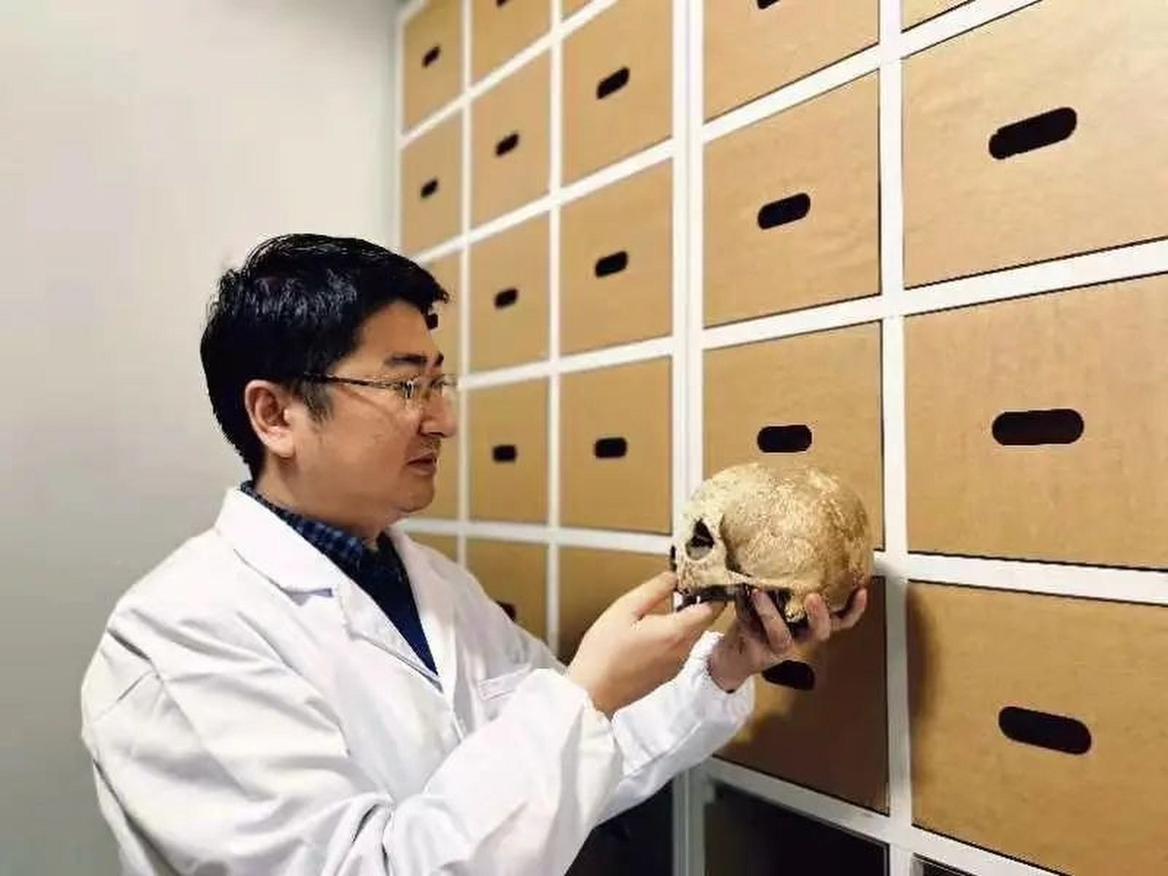 Wen Shaoqing, corresponding author of a paper published in Nature Communications, observes the collected remains. Photo: Handout