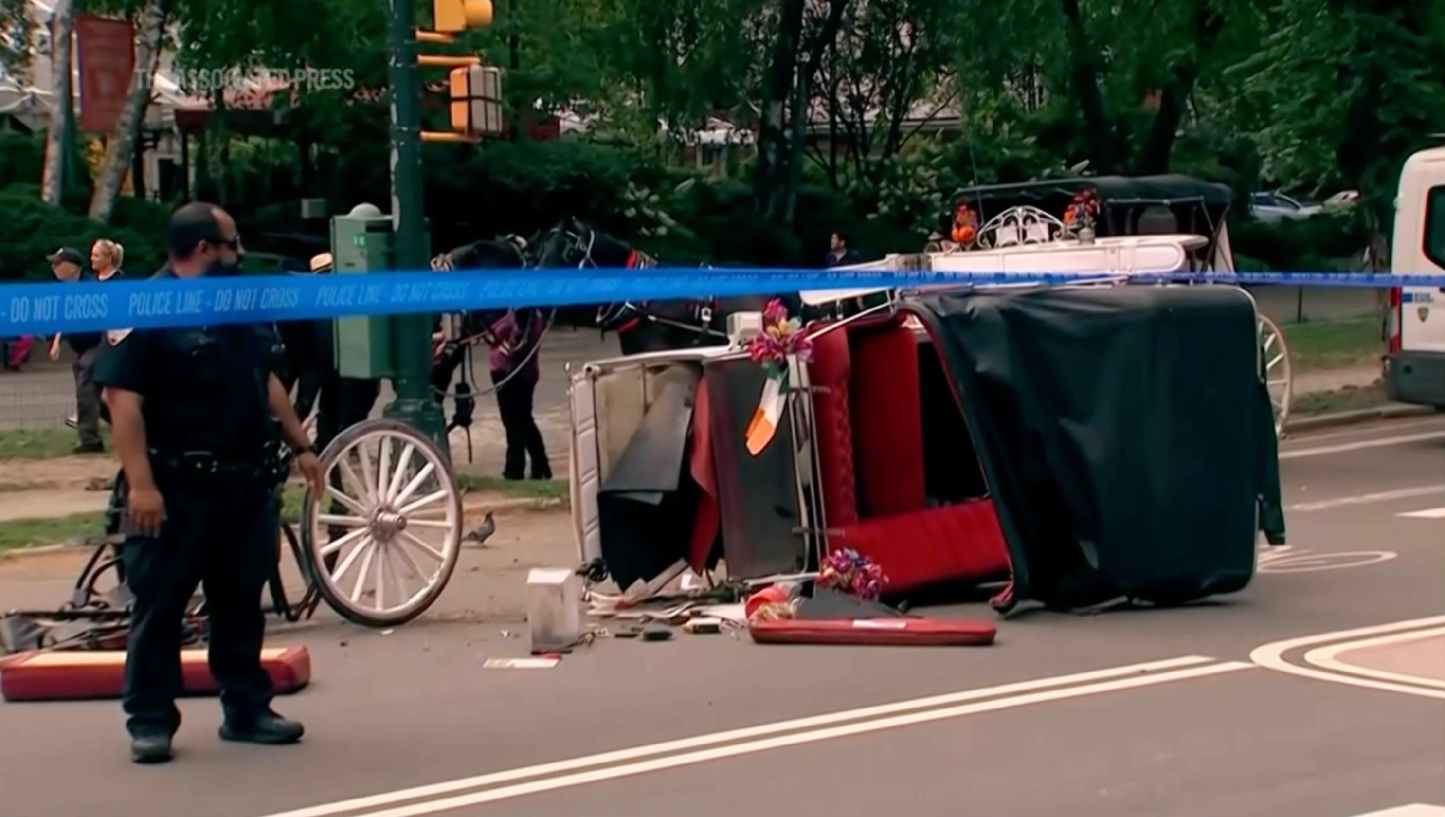 Police at the scene of the horse carriage crash in Central Park. Photo: WABC-TV via AP