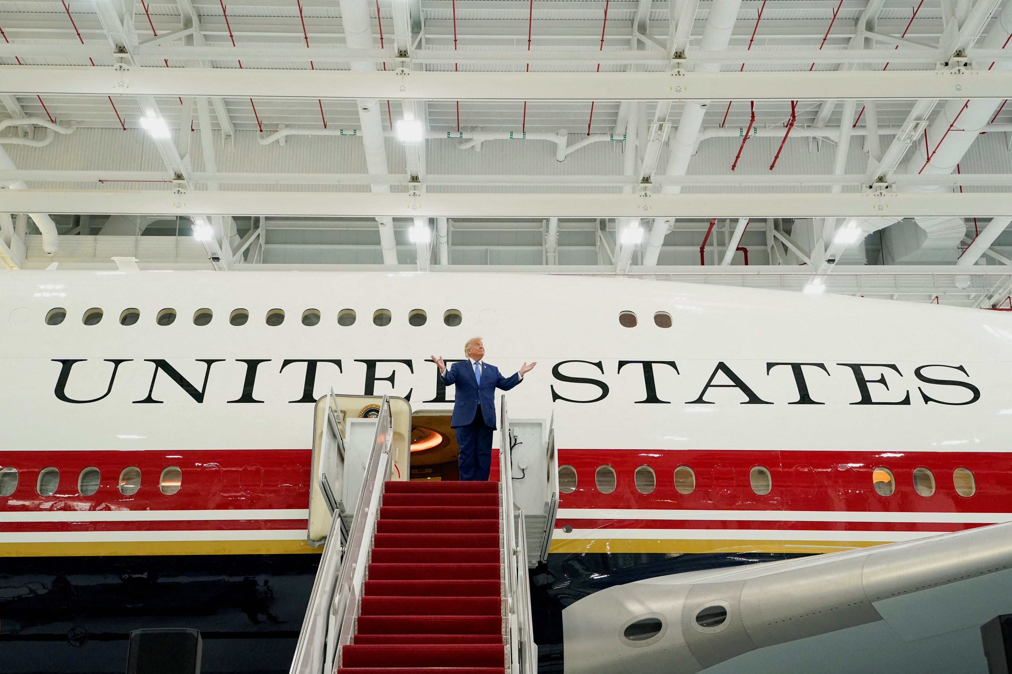 US President Donald Trump tours the VC-25B aircraft gifted by Qatar that will be used as Air Force One, at Joint Base Andrews, Maryland, on Friday. Photo: Reuters