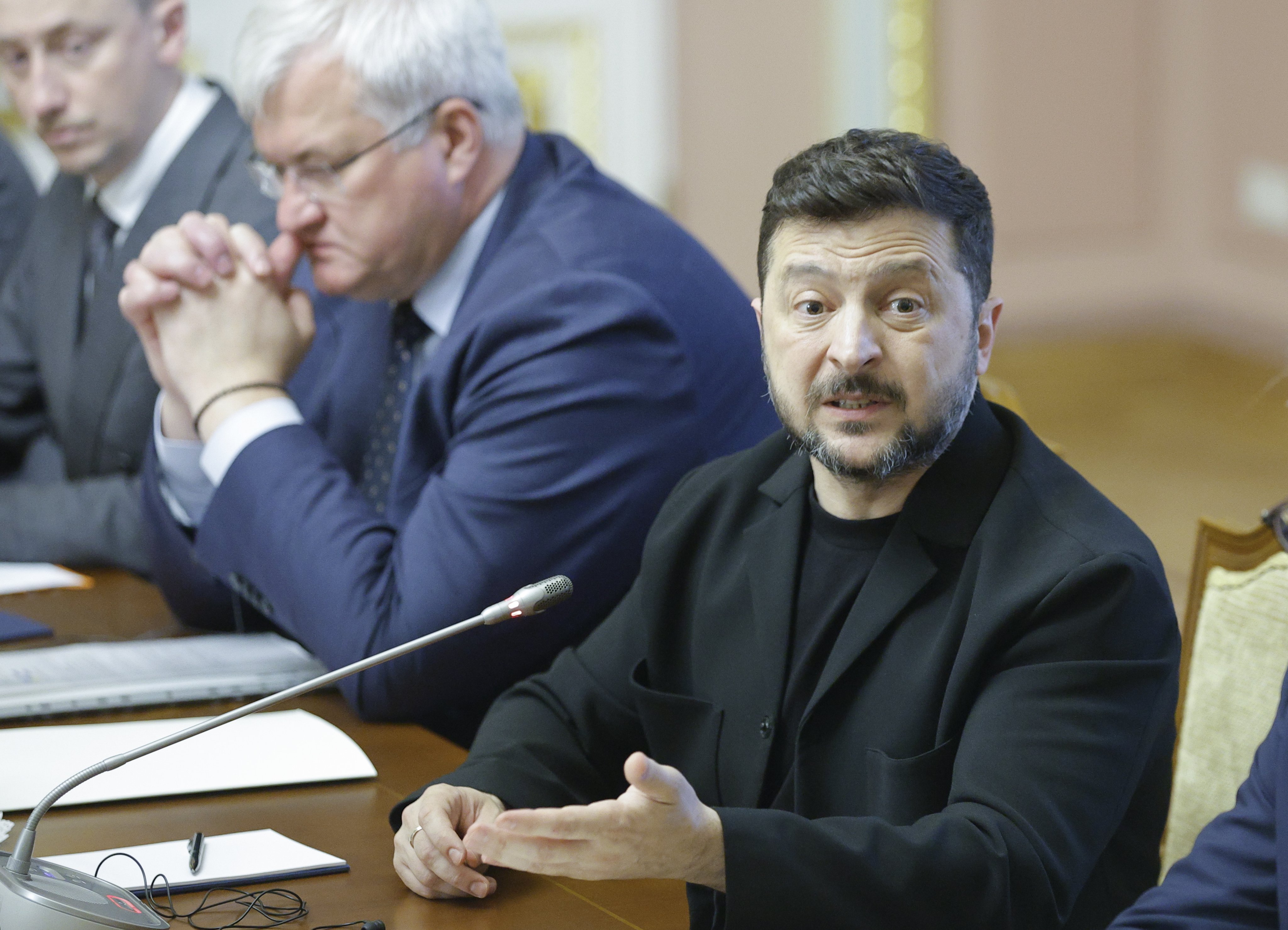 Ukrainian President Volodymyr Zelensky speaks during a meeting in Kyiv on Friday. Photo: EPA