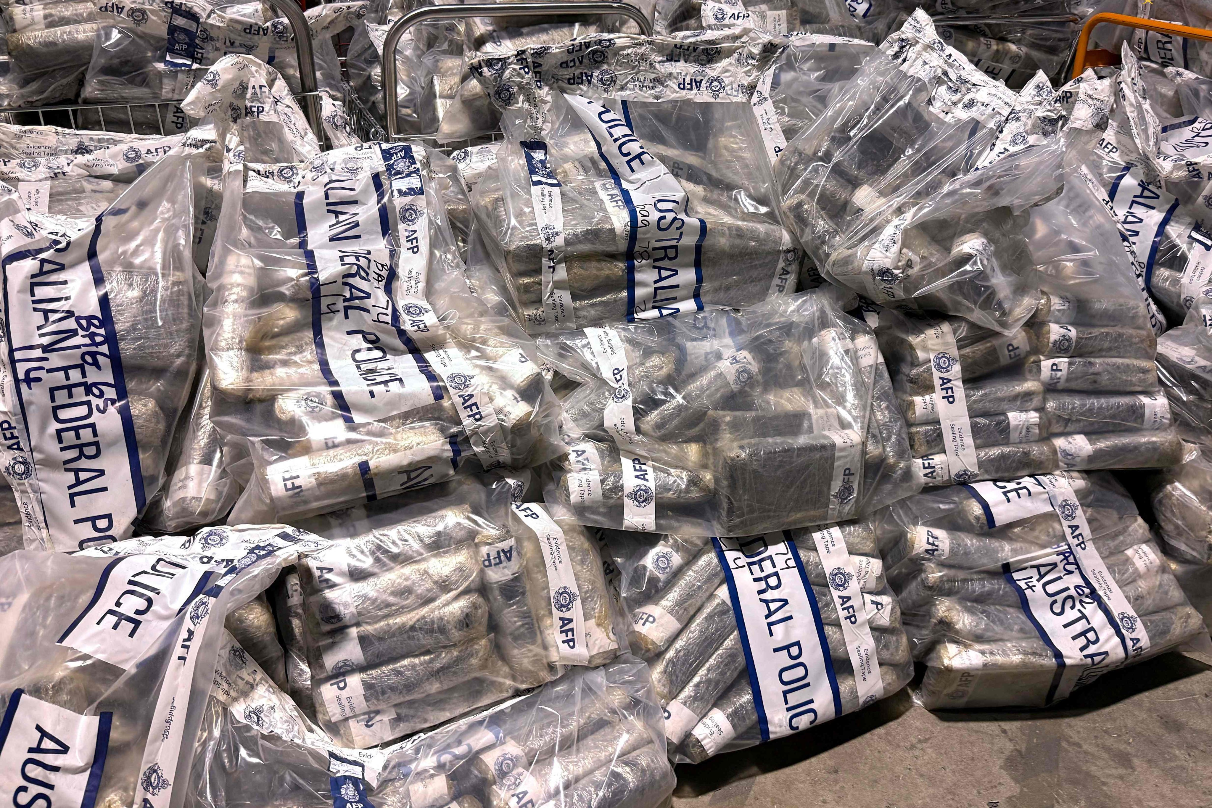 Australian police display the 2.7 tonnes of cocaine seized in Sydney on Saturday. Photo: Australian Federal Police/AFP