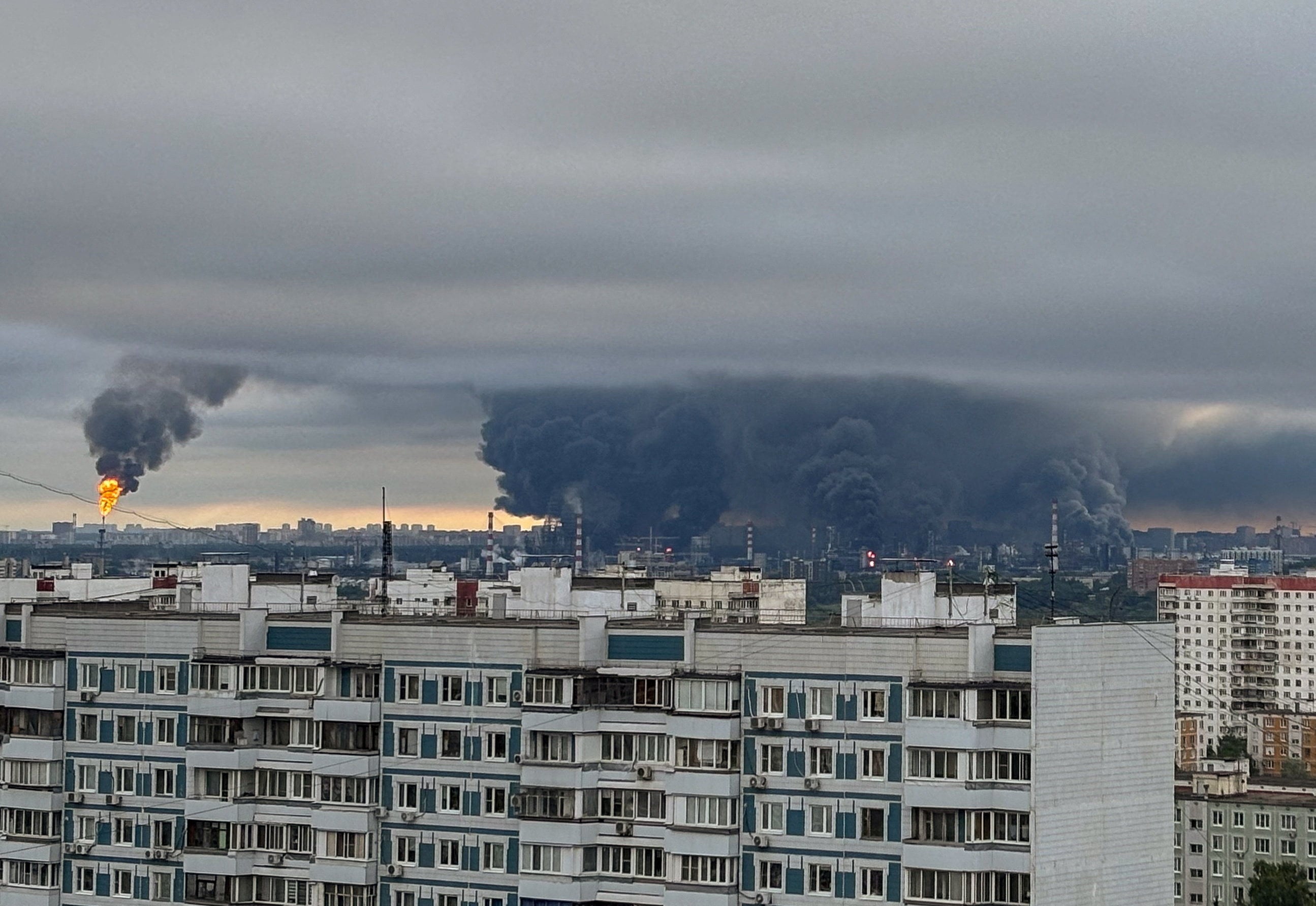 Plumes of smoke and flames rise from an oil refinery following an apparent Ukrainian drone strike on Moscow, Russia, on Thursday. Photo: Social media via Reuters