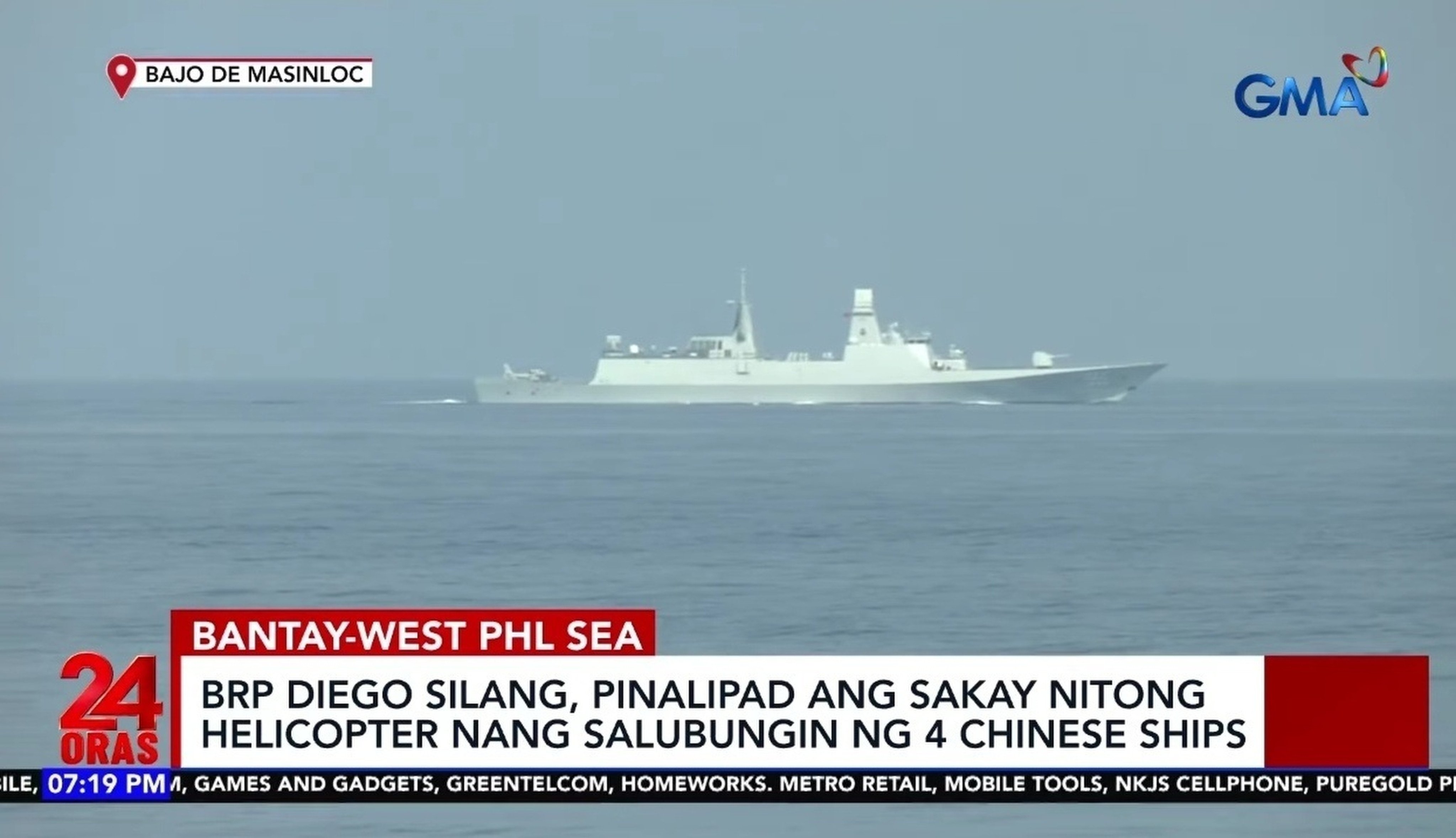The Philippine Navy’s guided-missile frigate BRP Diego Silang encountered four Chinese warships near Scarborough Shoal on Saturday, according to Philippine media. Photo: GMA Network