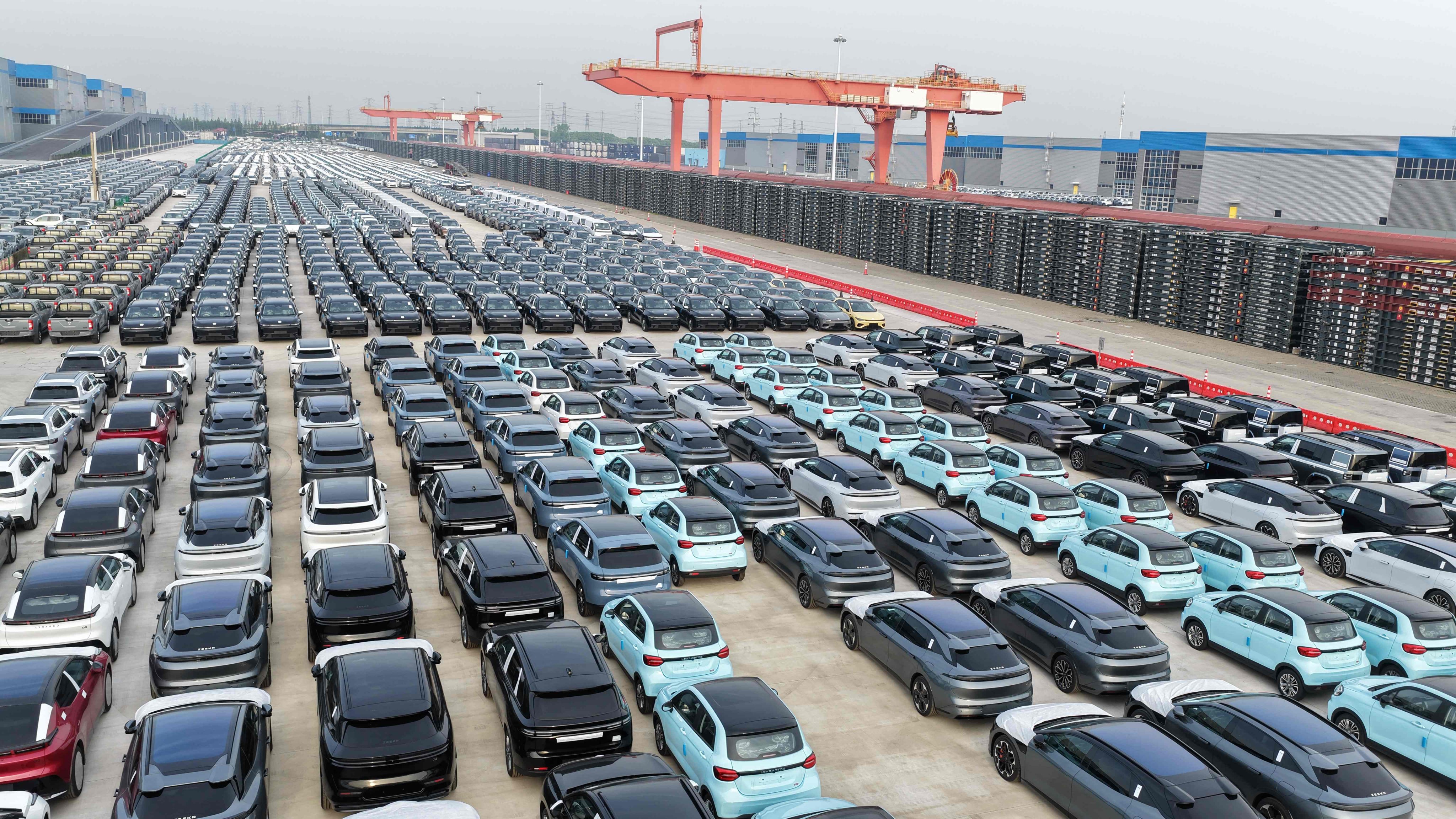 Chinese-made vehicles including Zeekr cars wait to be transshipped for export at Taicang port in Suzhou, Jiangsu province. in April. Photo: AFP