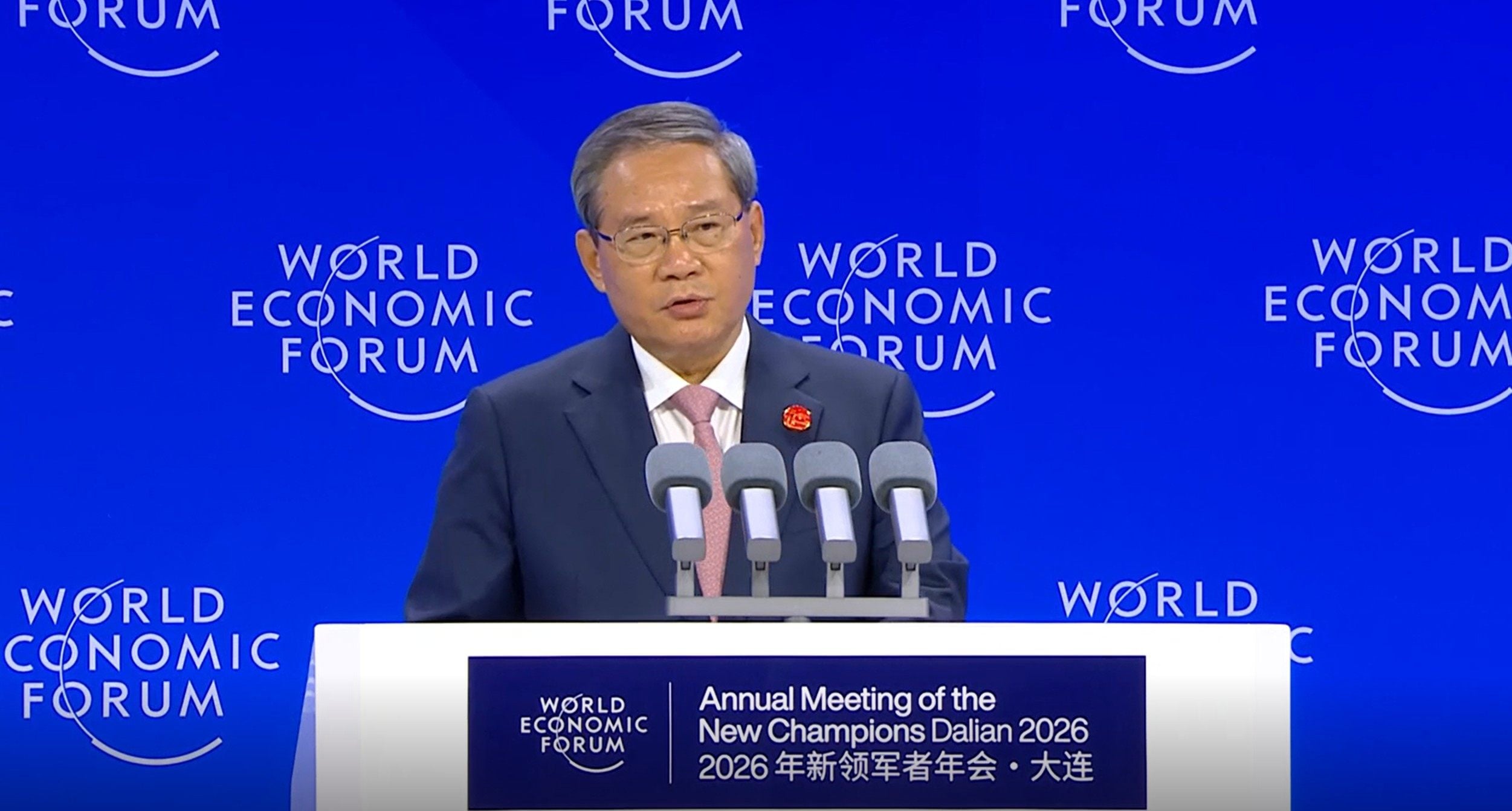 Chinese Premier Li Qiang speaks at Summer Davos on Wednesday. Photo: Handout