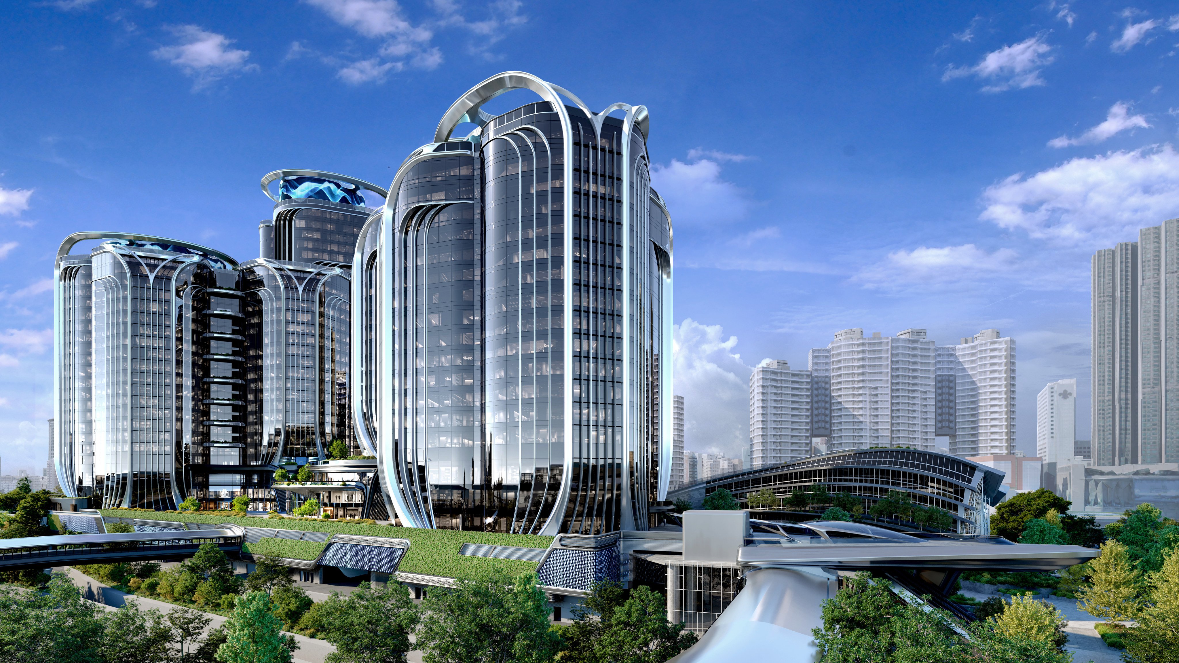 The new UBS Tower in West Kowloon is set directly over the high-speed rail terminus for quick transport connections to mainland China, and it is also close to the renowned museums of the West Kowloon Cultural District.