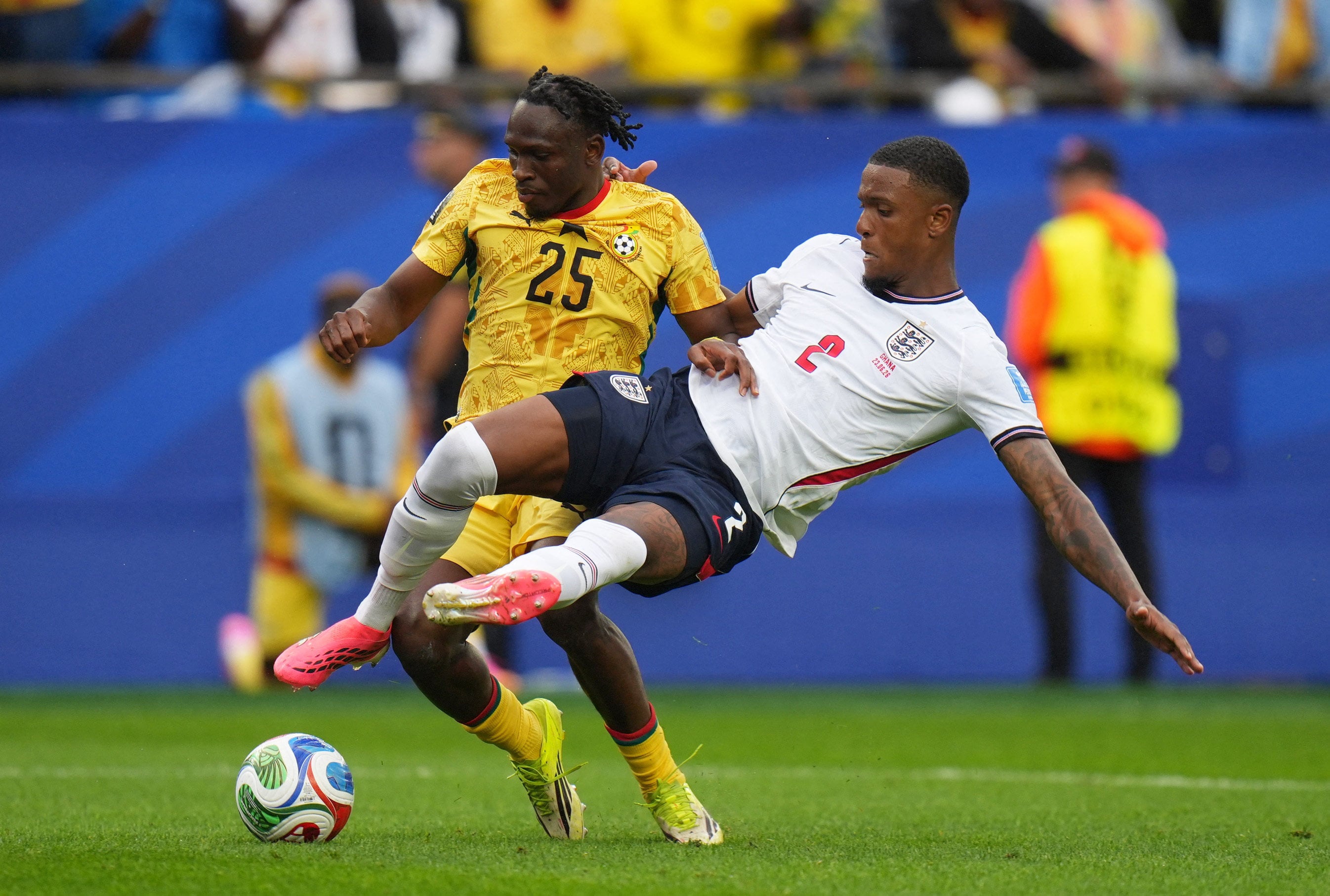 England defender Ezri Konsa (right) was lucky not to give away a penalty against Ghana with a reckless challenge in the box. Photo: Reuters