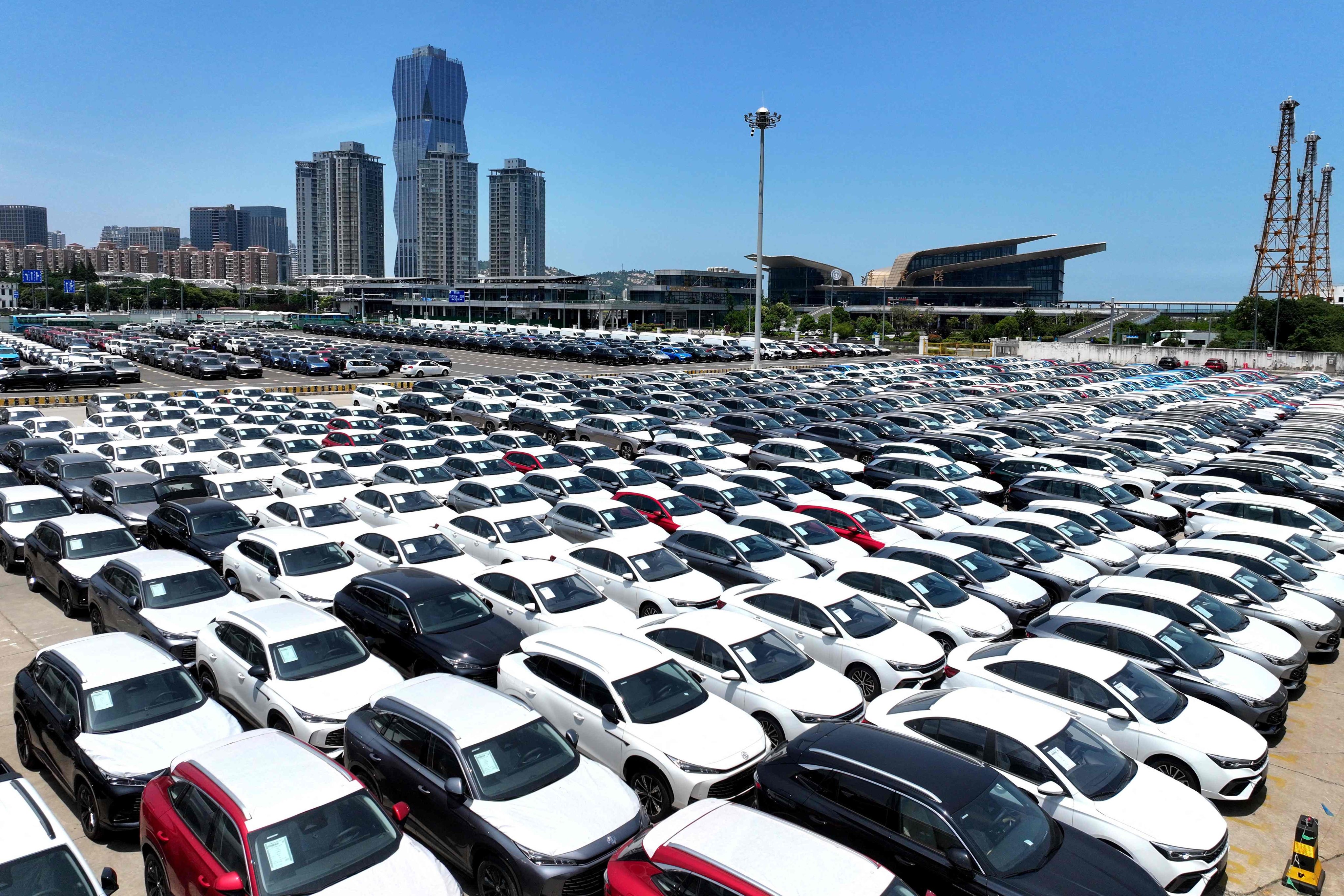 Chinese-made MG cars on a dock before being loaded onto a ship for export at the port in Lianyungang, Jiangsu province, last week. Photo: AFP