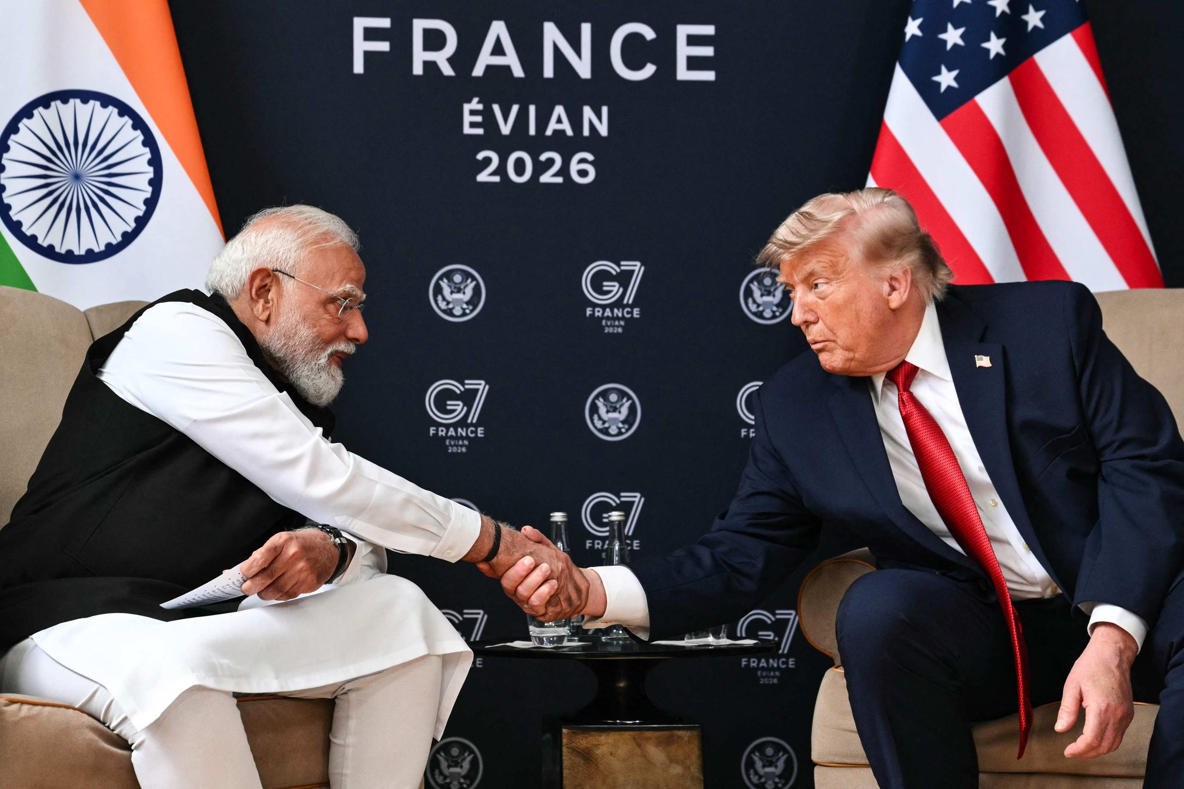 US President Donald Trump shakes hands with India’s Prime Minister Narendra Modi on the sidelines of a G7 summit in France on June 17. Photo: AFP