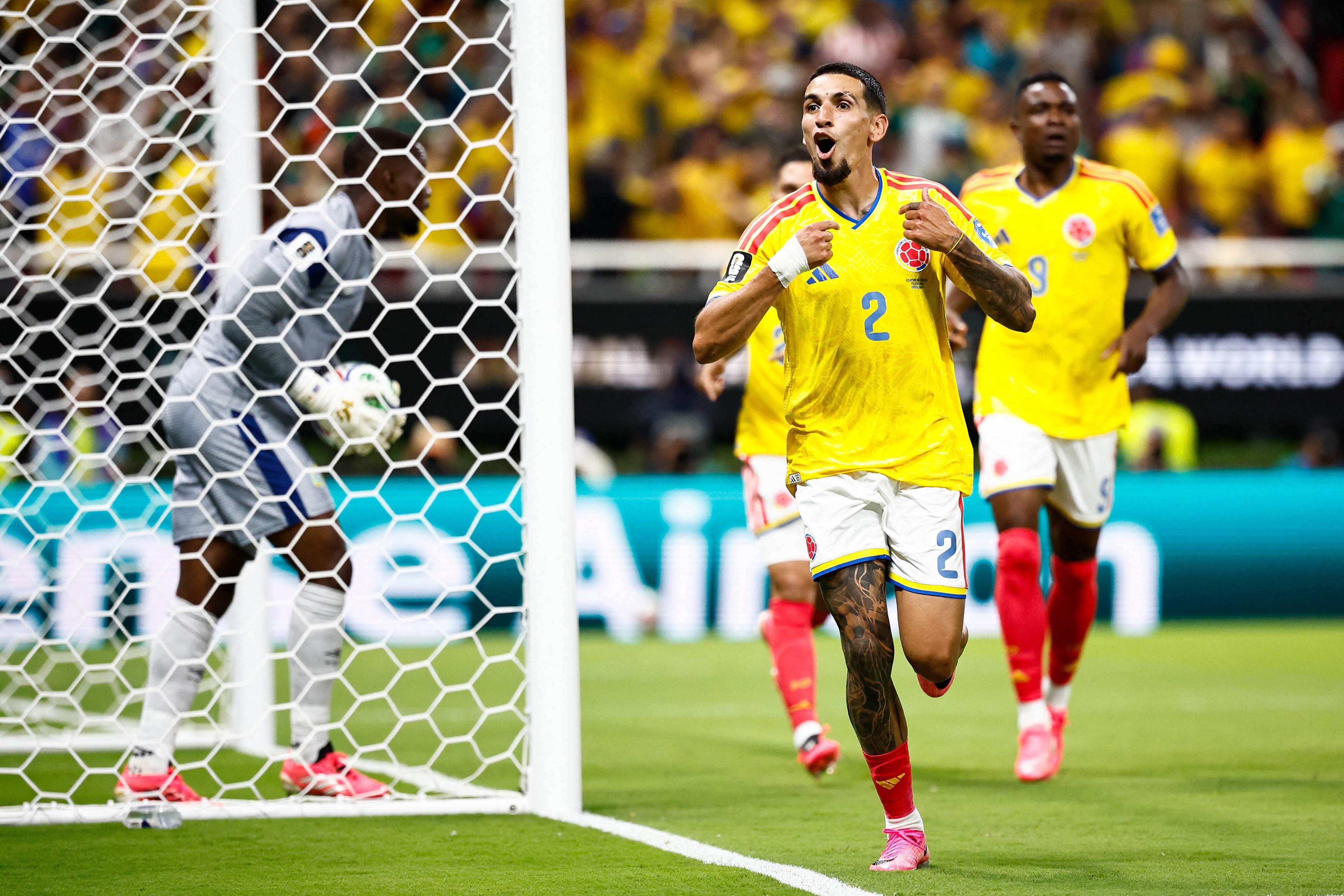 Colombia defender Daniel Munoz celebrates scoring his side’s winner against DR Congo. Photo: AFP
