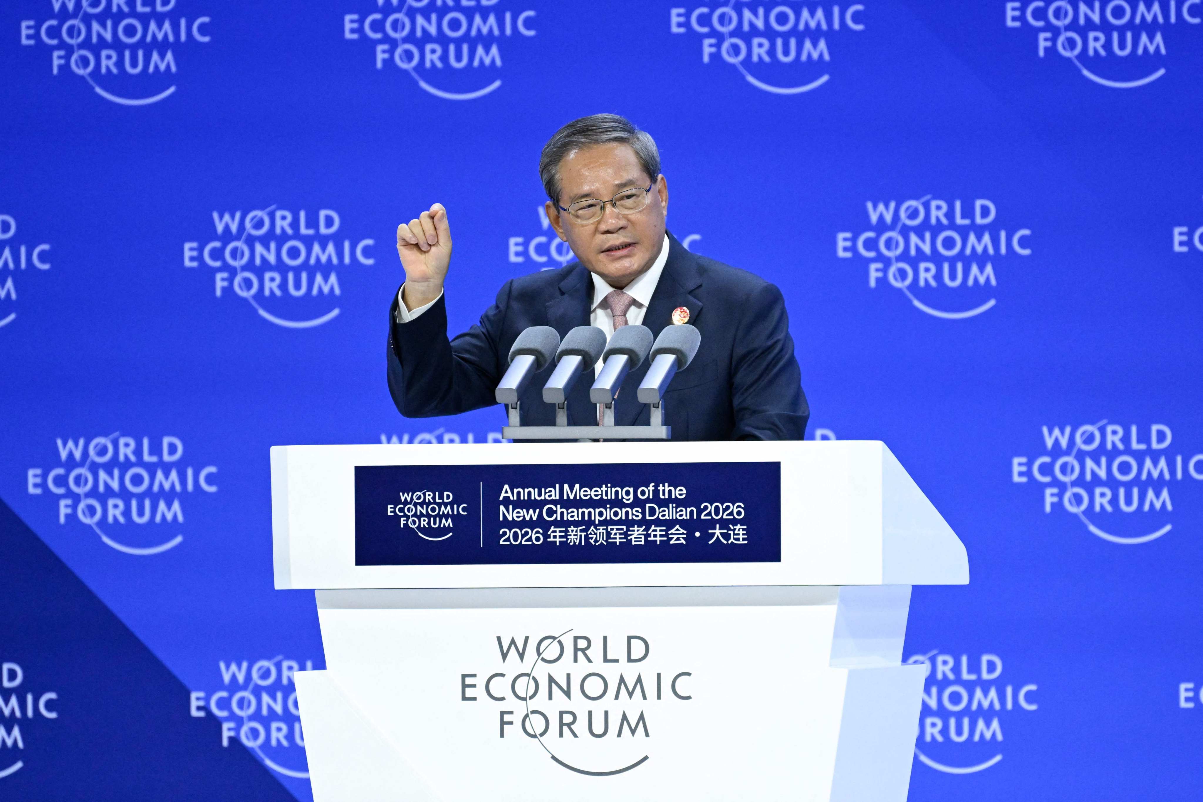 Chinese Premier Li Qiang speaks at the opening ceremony of the World Economic Forum in Dalian, China’s Liaoning province, on June 24. Photo: AFP