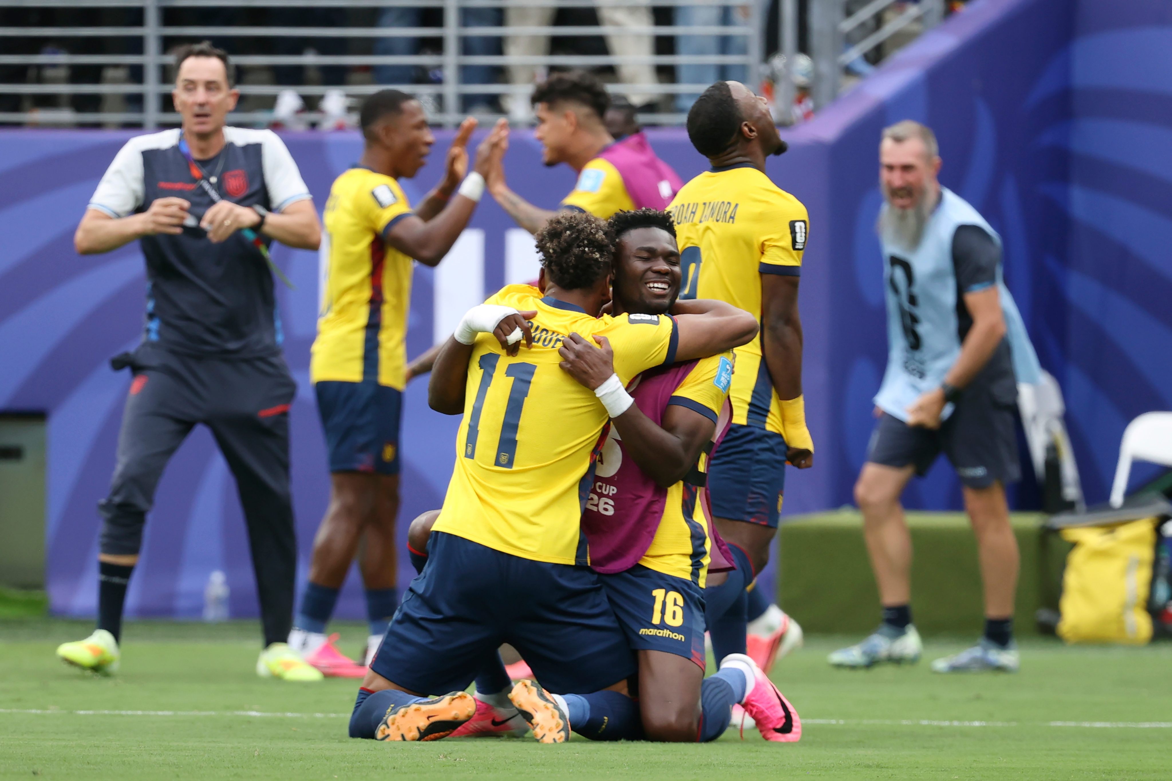Ecuador’s Kevin Rodriguez (left) and Jordy Caicedo celebrate during their remarkable win over Germany. Photo: AP