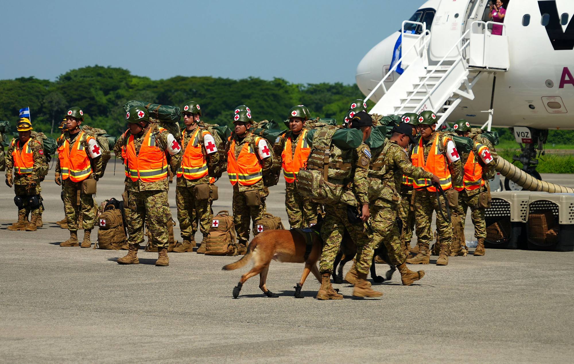 Salvadorean military with sniffer dogs before departure. Photo: AFP