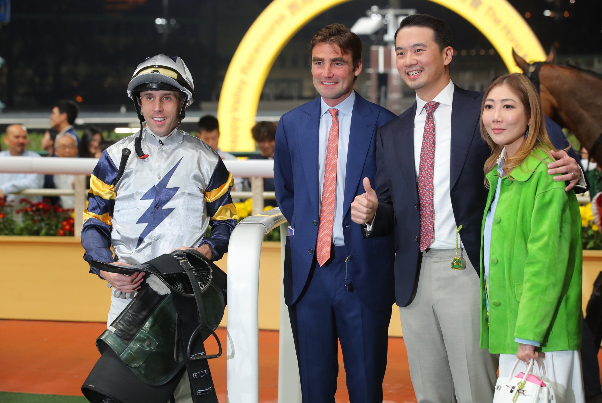 Jockey Brenton Avdulla and trainer David Eustace (second from left) will combine with Glittering Legend.