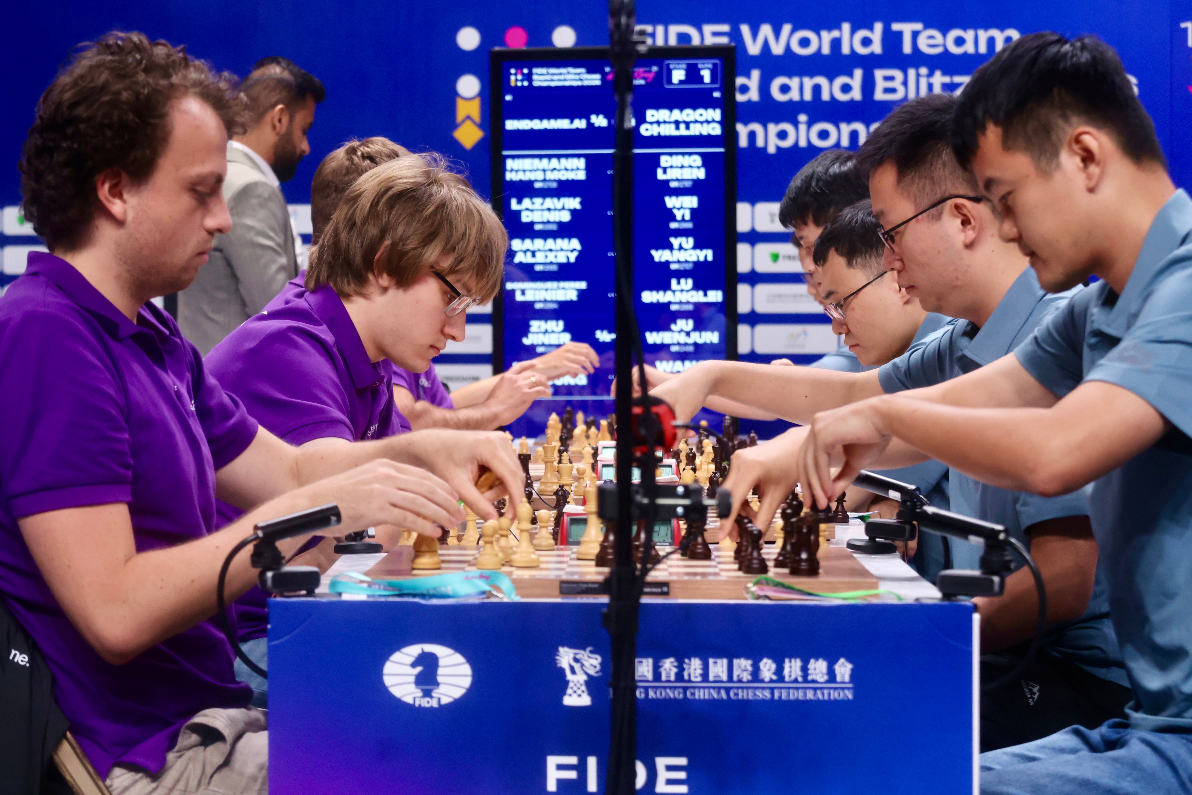 Endgame.AI, left, and Dragon Chilling compete in the grand final of the FIDE World Team Rapid and Blitz Chess Championships 2026. Photo: Jonathan Wong