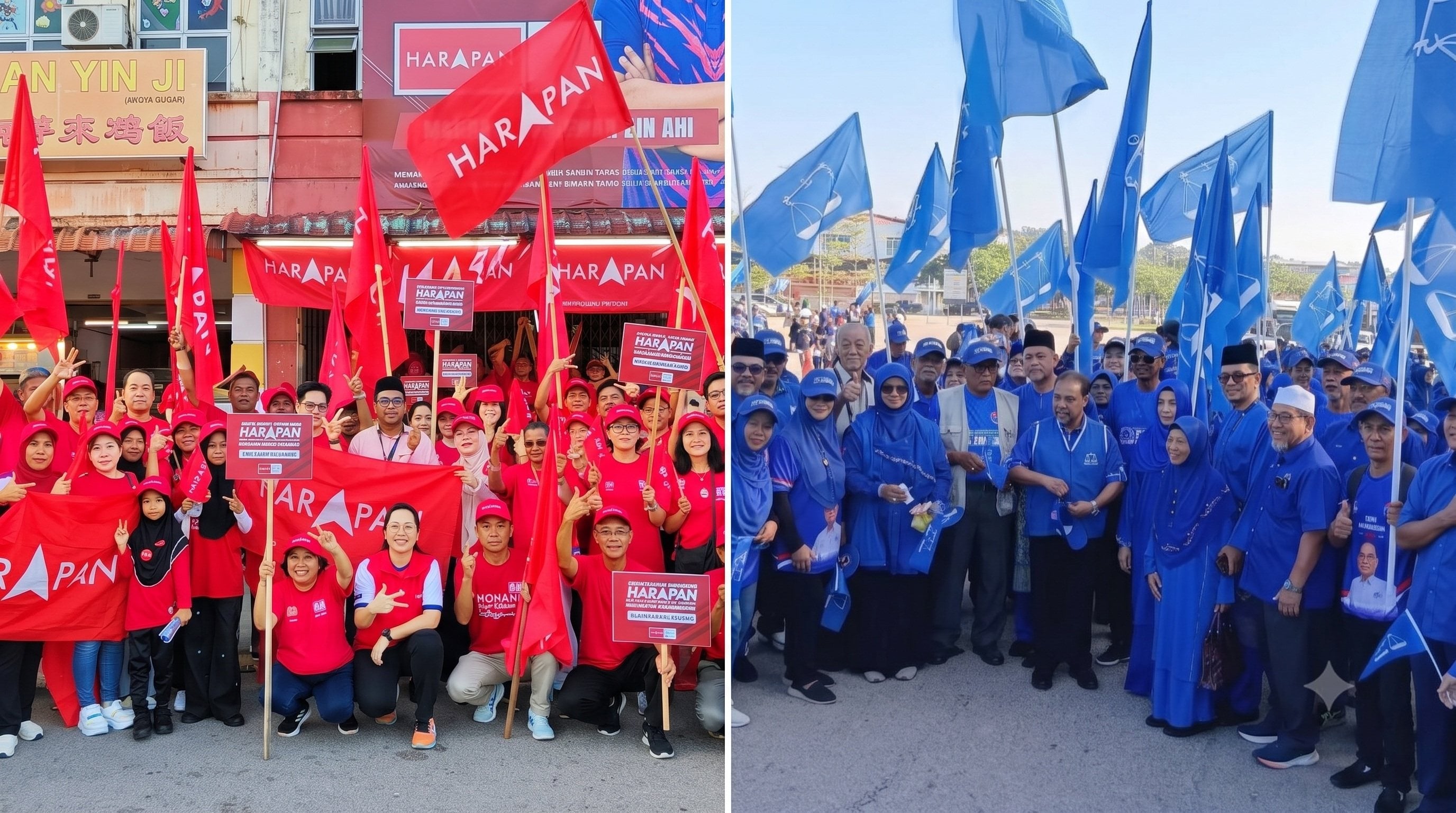 Pakatan Harapan supporters (left) and Barisan Nasional supporters (right) fly the flags of their respective coalitions during Johor state election nomination day in Malaysia on Saturday. Photos: Facebook