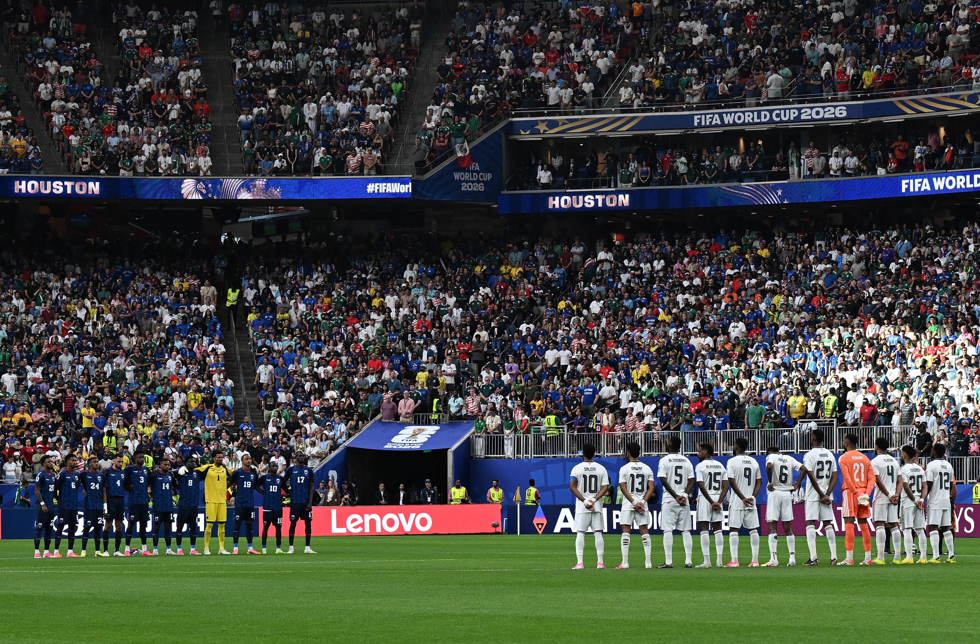 Players from Cabo Verde and Saudi Arabia line up before their game in Houston. Photo: Xinhua