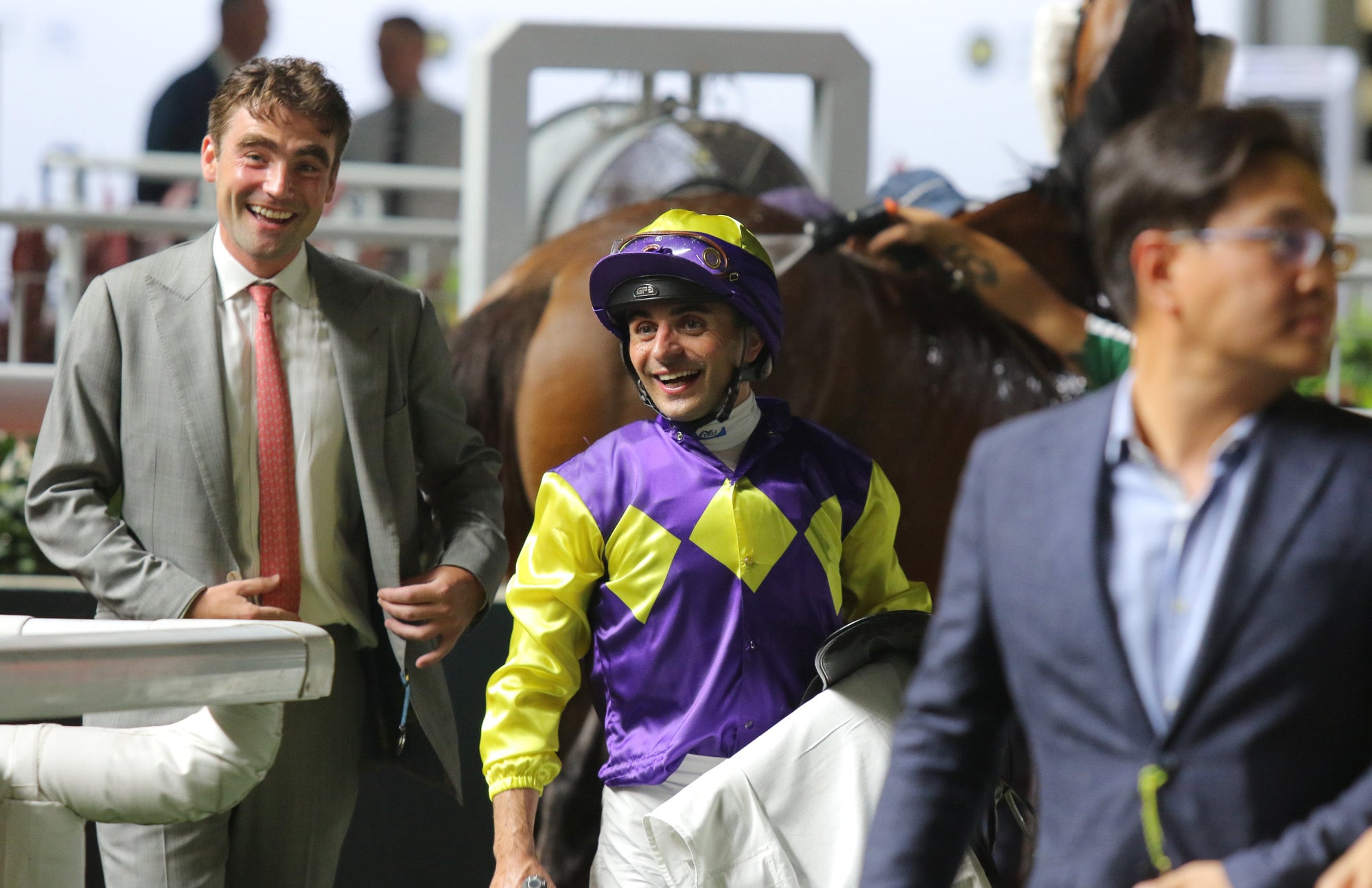 Trainer David Eustace and jockey Andrea Atzeni are all smiles after Colourful King’s win.