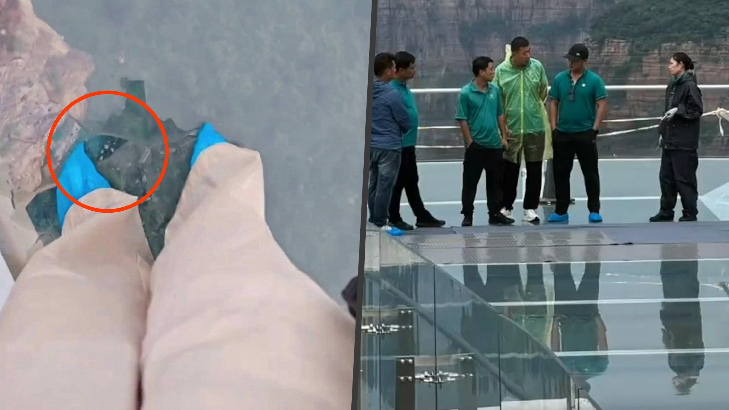A teenager damaged a panel on a glass bridge at a tourist site in central China, raising concerns about the quality of the structure. Photo: SCMP composite/Douyin