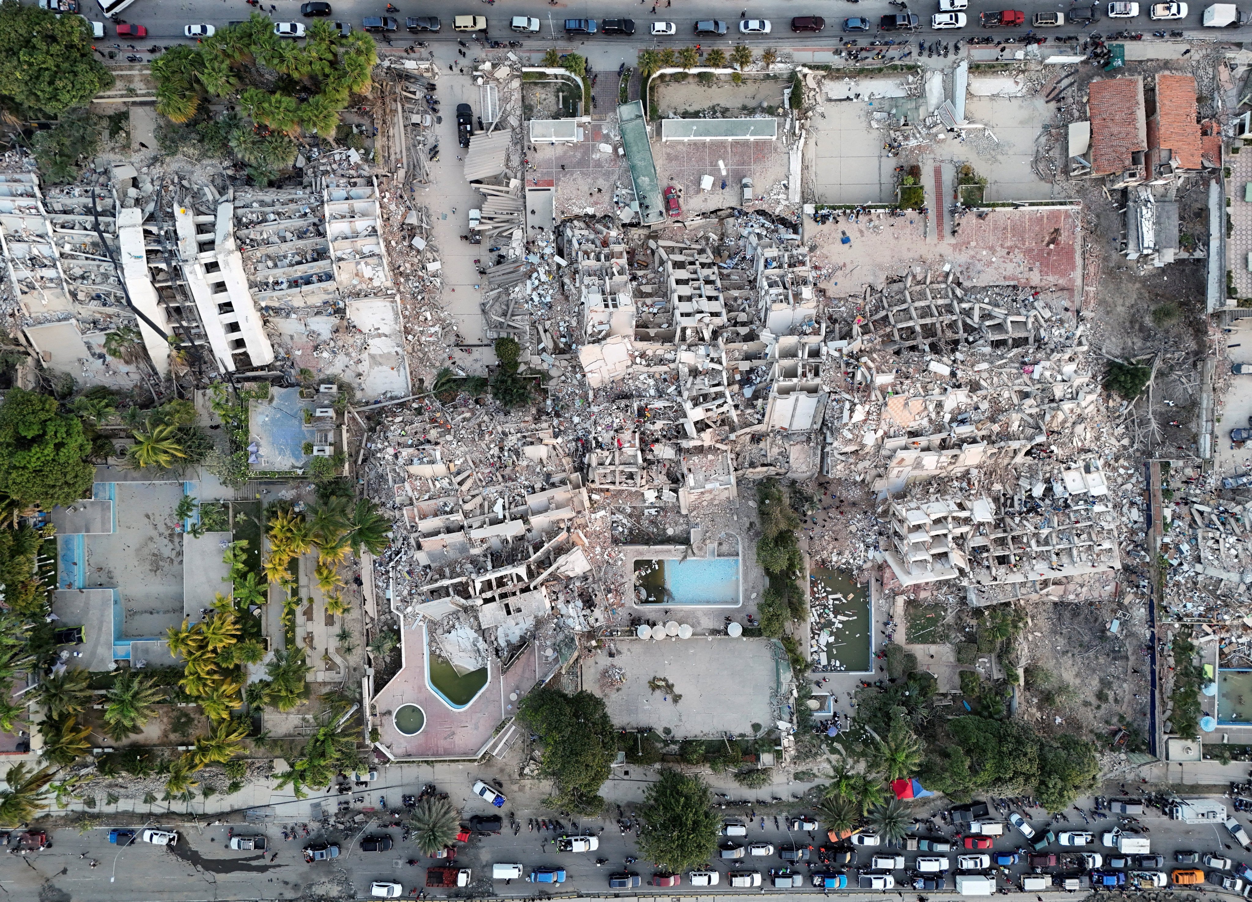 A drone view of destroyed buildings. Photo: Reuters