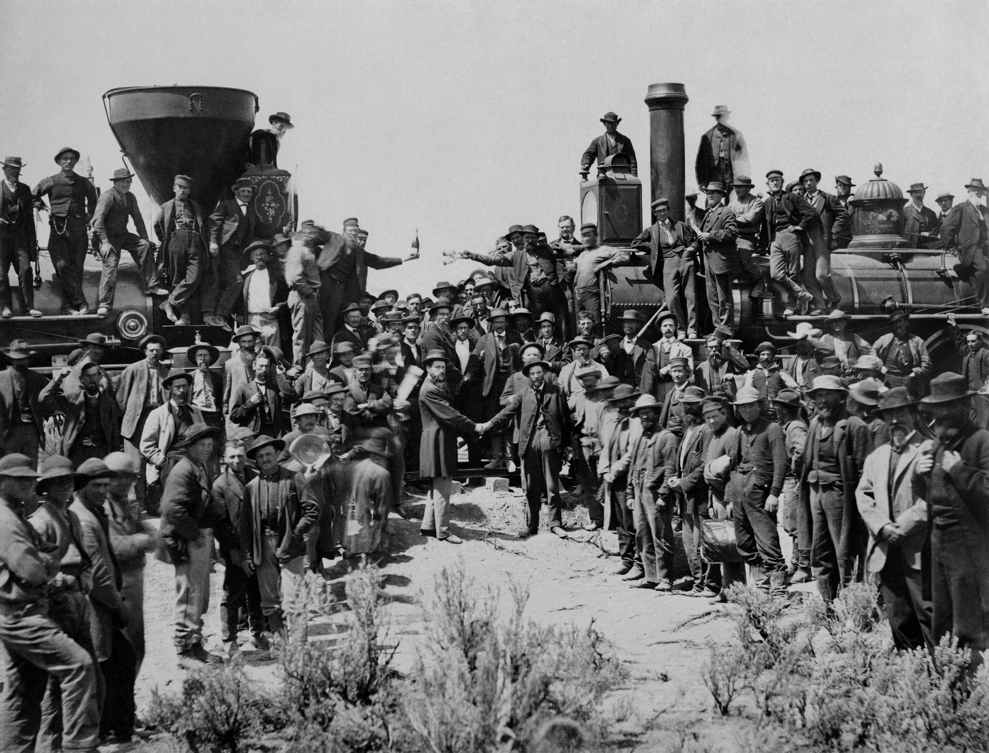 A photo commemorating the completion of the Transcontinental Railroad excluded the Chinese workers who did much of the hard labour. Photo: Andrew J. Russell A photo commemorating the completion of the Transcontinental Railroad excluded the Chinese workers who did much of the hard labour. Photo: Andrew J. Russell