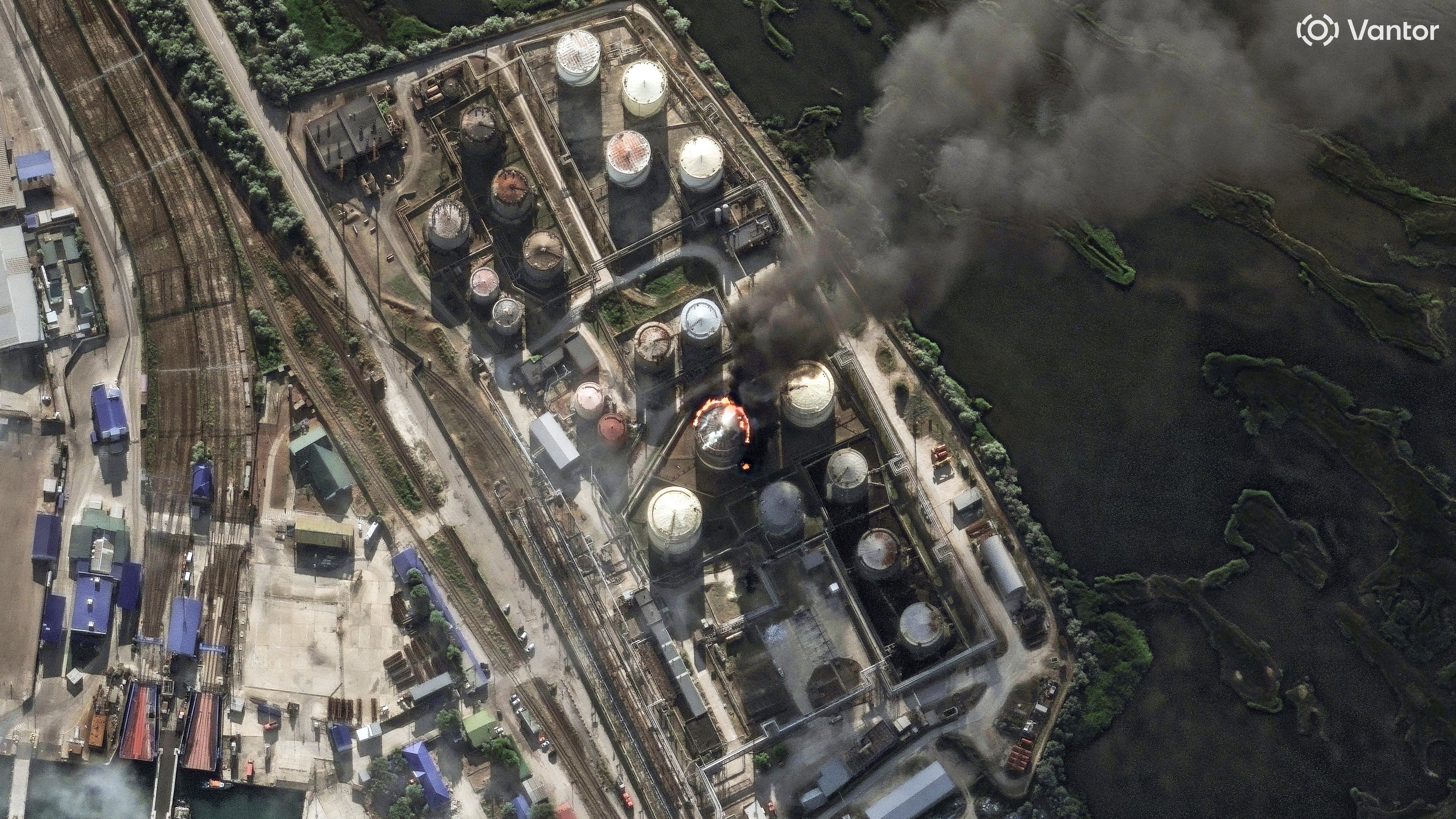 A satellite image shows smoke rising from an oil storage fire at Russia’s Kavkaz Port on June 21. Kyiv has stepped up its drone campaign inside Russia. Photo: Vantor via Reuters