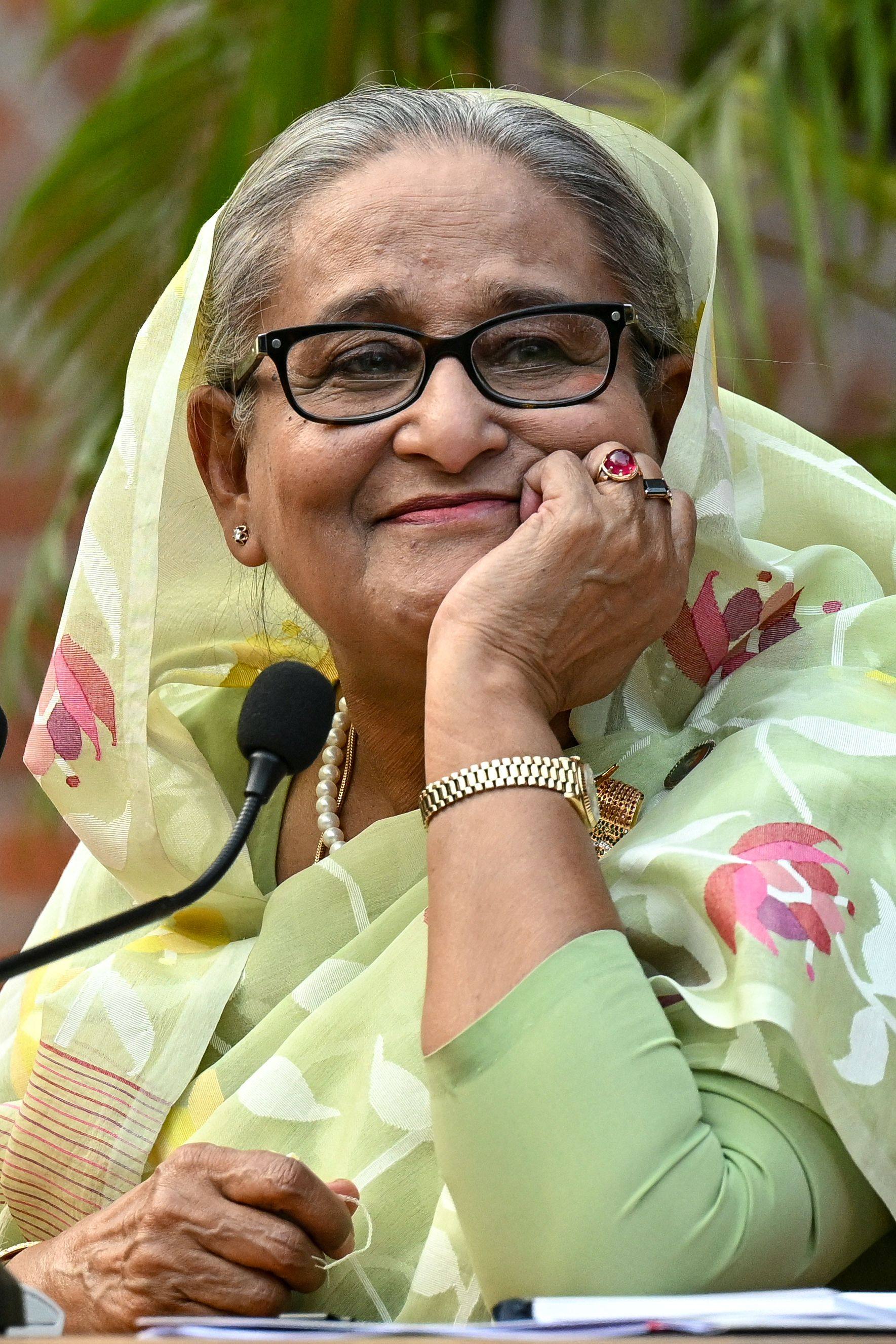 Sheikh Hasina speaks to the media a day after she won the  parliamentary elections in Dhaka on January 8, 2024. Photo: AFP