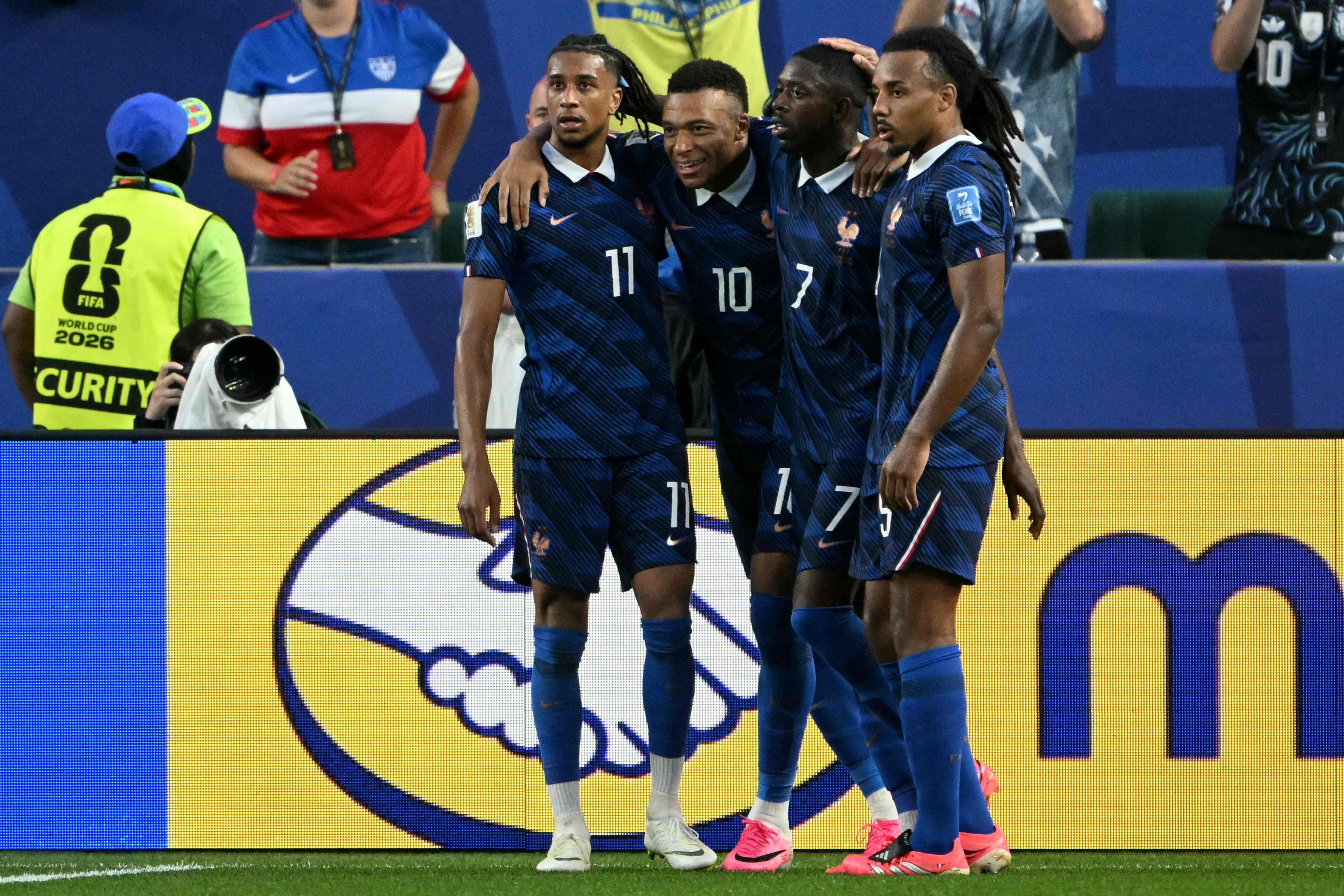 France’s forward line of (from left) Michael Olise, Kylian Mbappe and Ousmane Dembele celebrate a goal against Iraq with defender Jules Kounde in Philadelphia last week. Photo: AFP