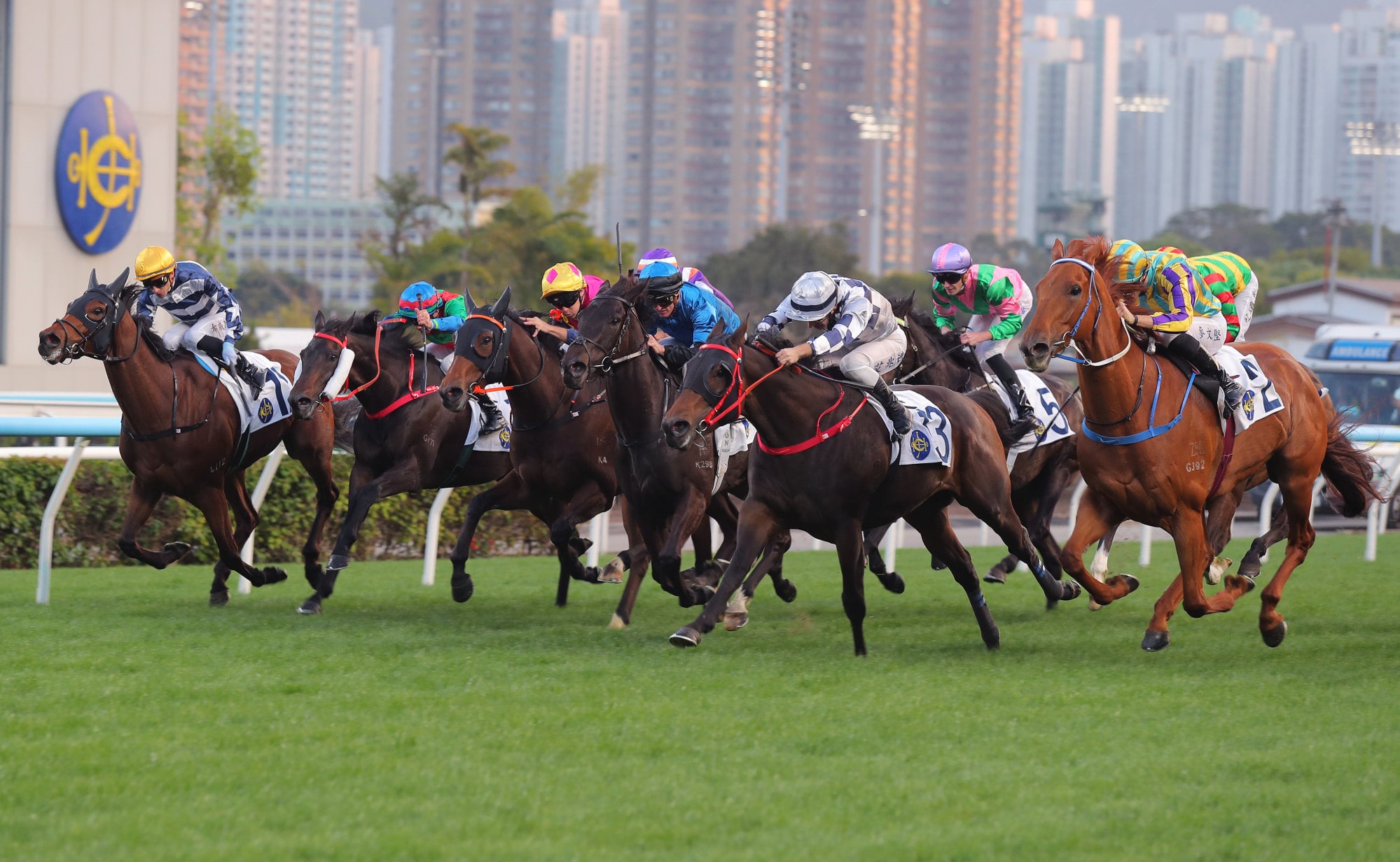 Flow Water Flow (second right, silver and navy) wins in Sha Tin.