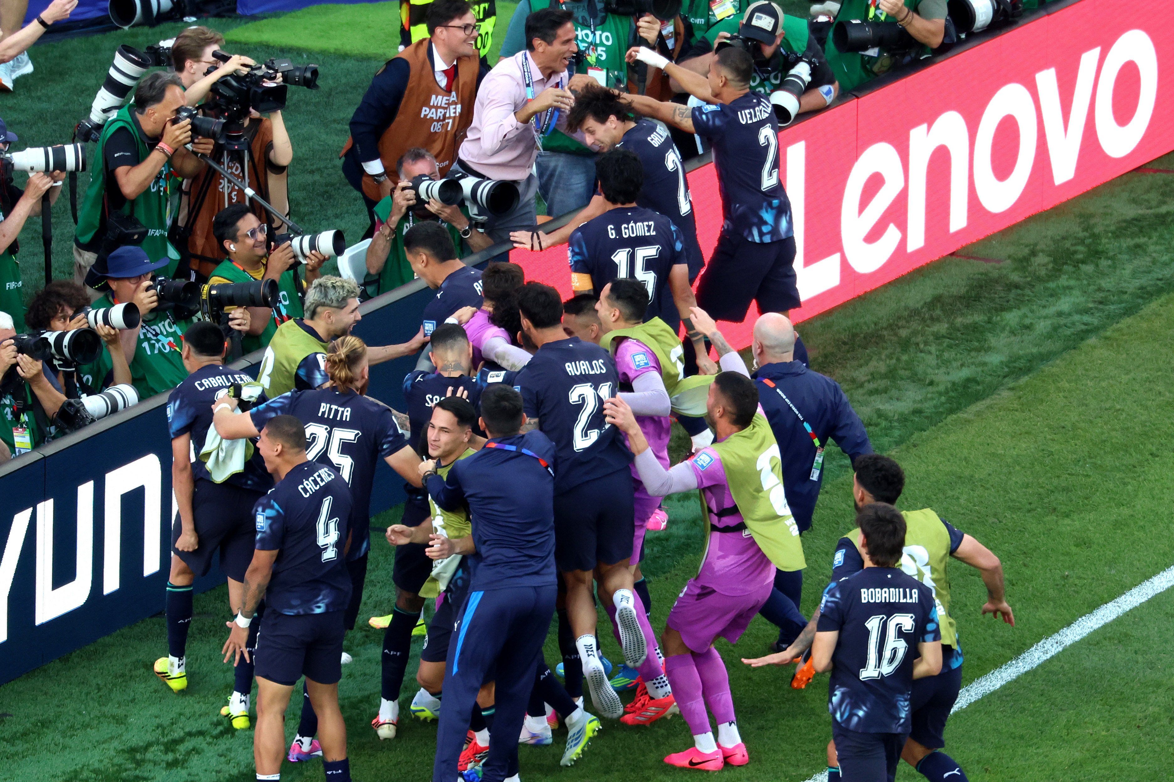 Paraguay players celebrate after their stunning victory over Germany. Photo: AP