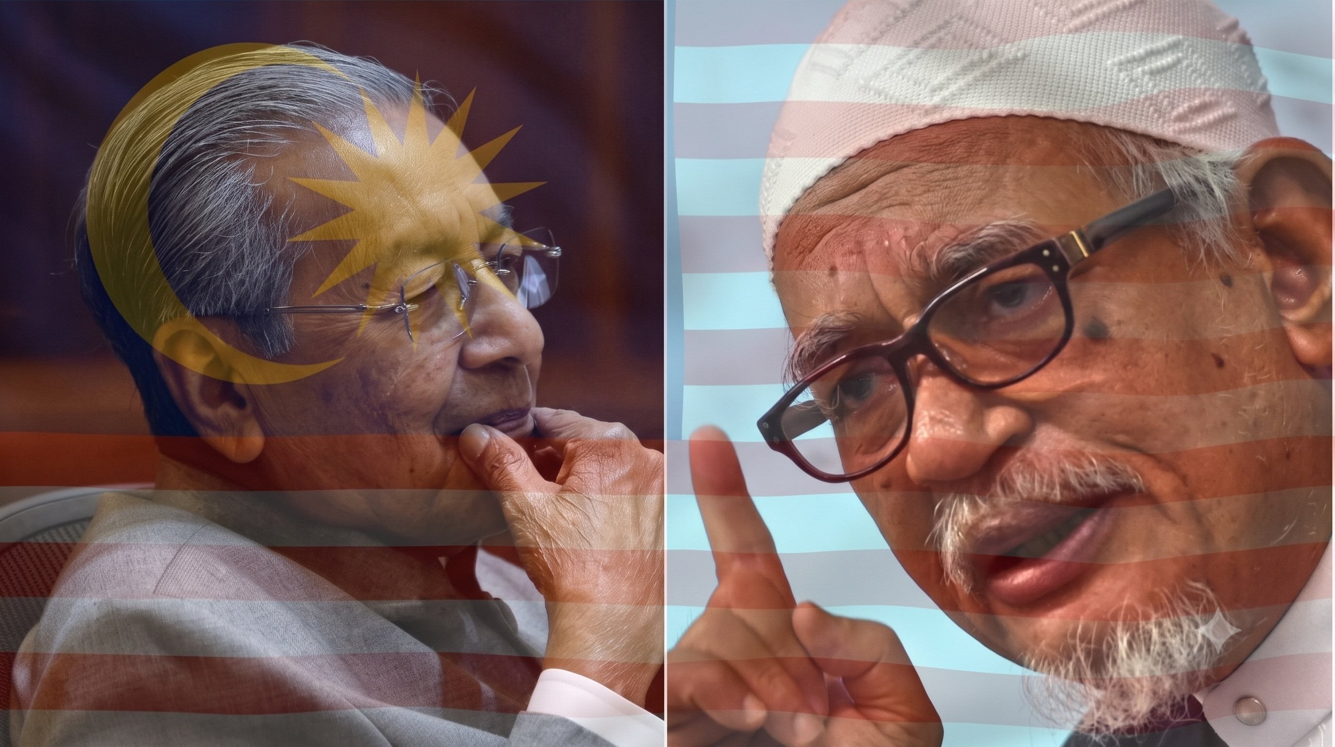 A combination photograph shows Malaysia’s former prime minister Mahathir Mohamad (left) and PAS chief Abdul Hadi Awang overlaid with a transparent Malaysian flag. Photos: Reuters, AFP