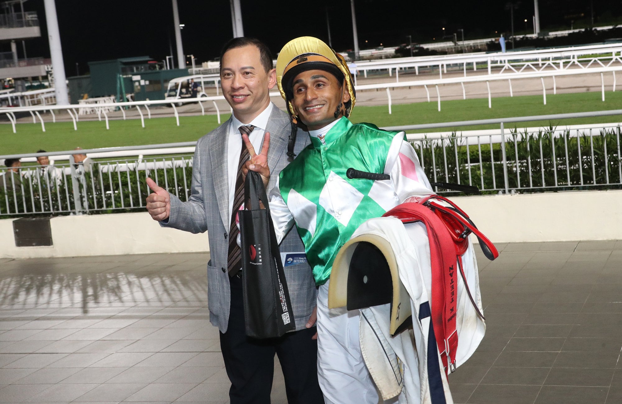 Jockey Karis Teetan celebrates a double at Sha Tin. Jockey Karis Teetan celebrates a double at Sha Tin.
