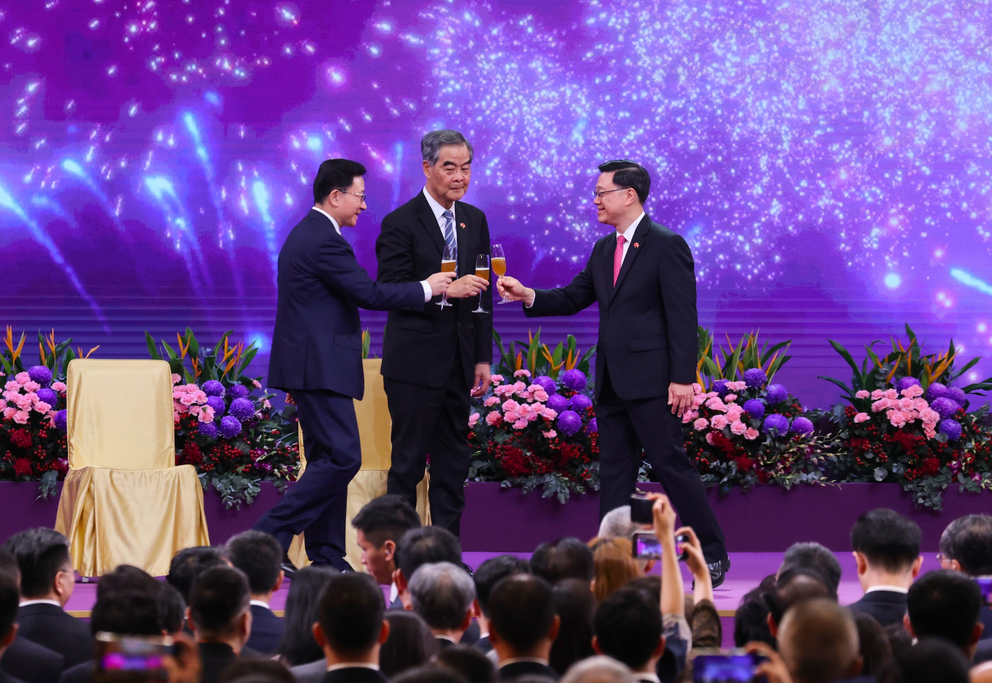 City leader John Lee (right), CY Leung (centre) and liaison office director Zhou Ji. Photo: Nora Tam