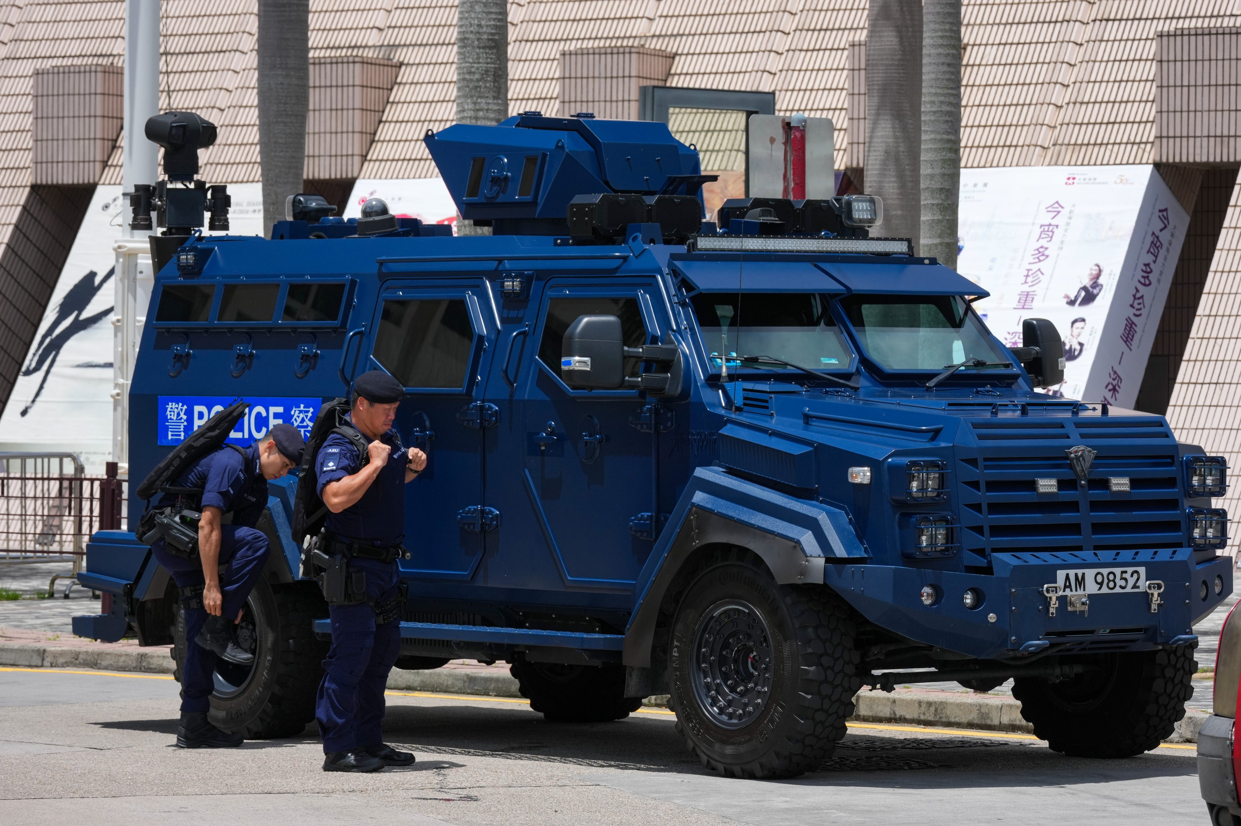 A “Saber-toothed tiger” armoured vehicle on standby outside the Hong Kong Cultural Centre. Photo: Jelly Tse
