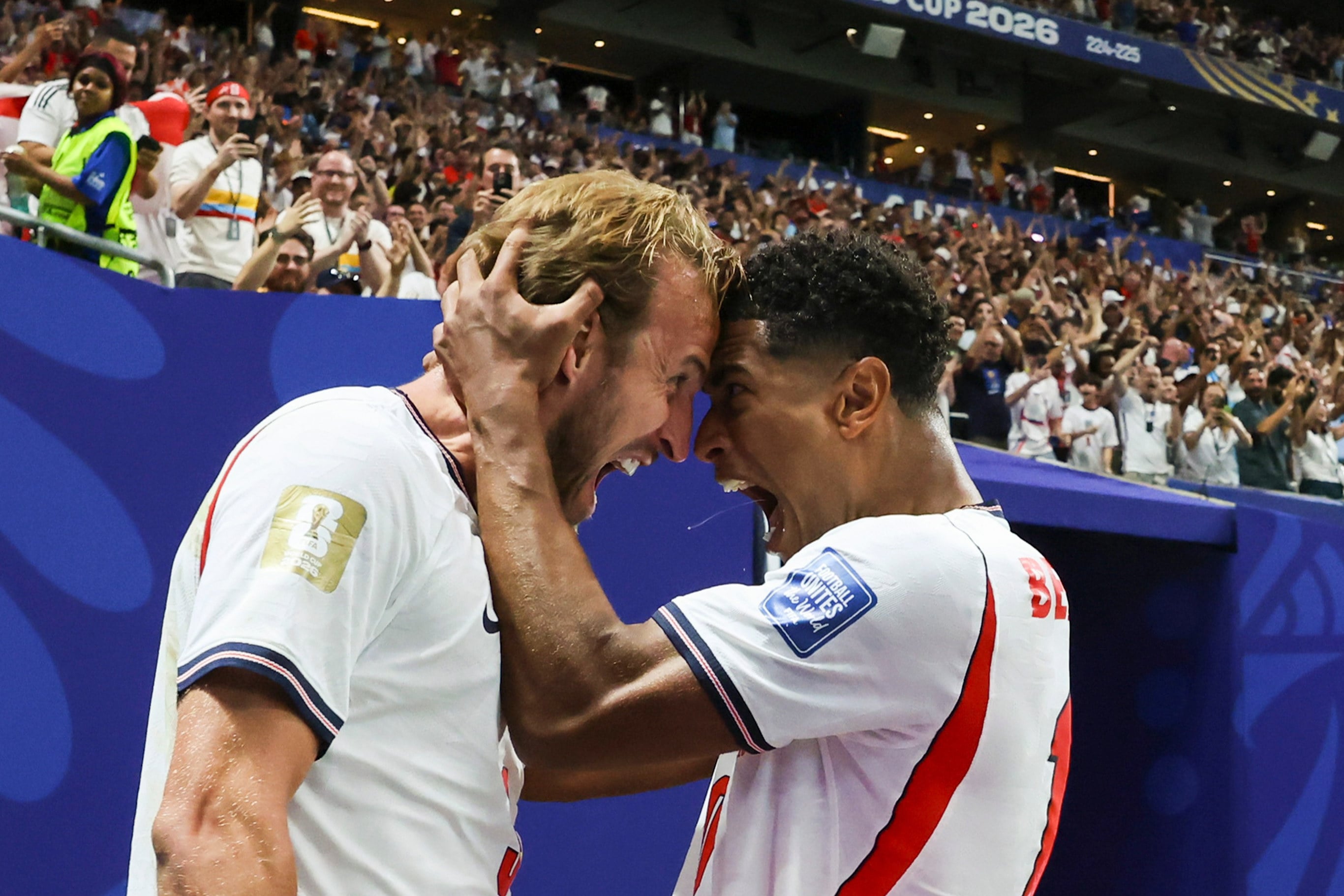 England’s Harry Kane (left) celebrates with teammate Jude Bellingham after scoring his side’s winner. Photo: AP