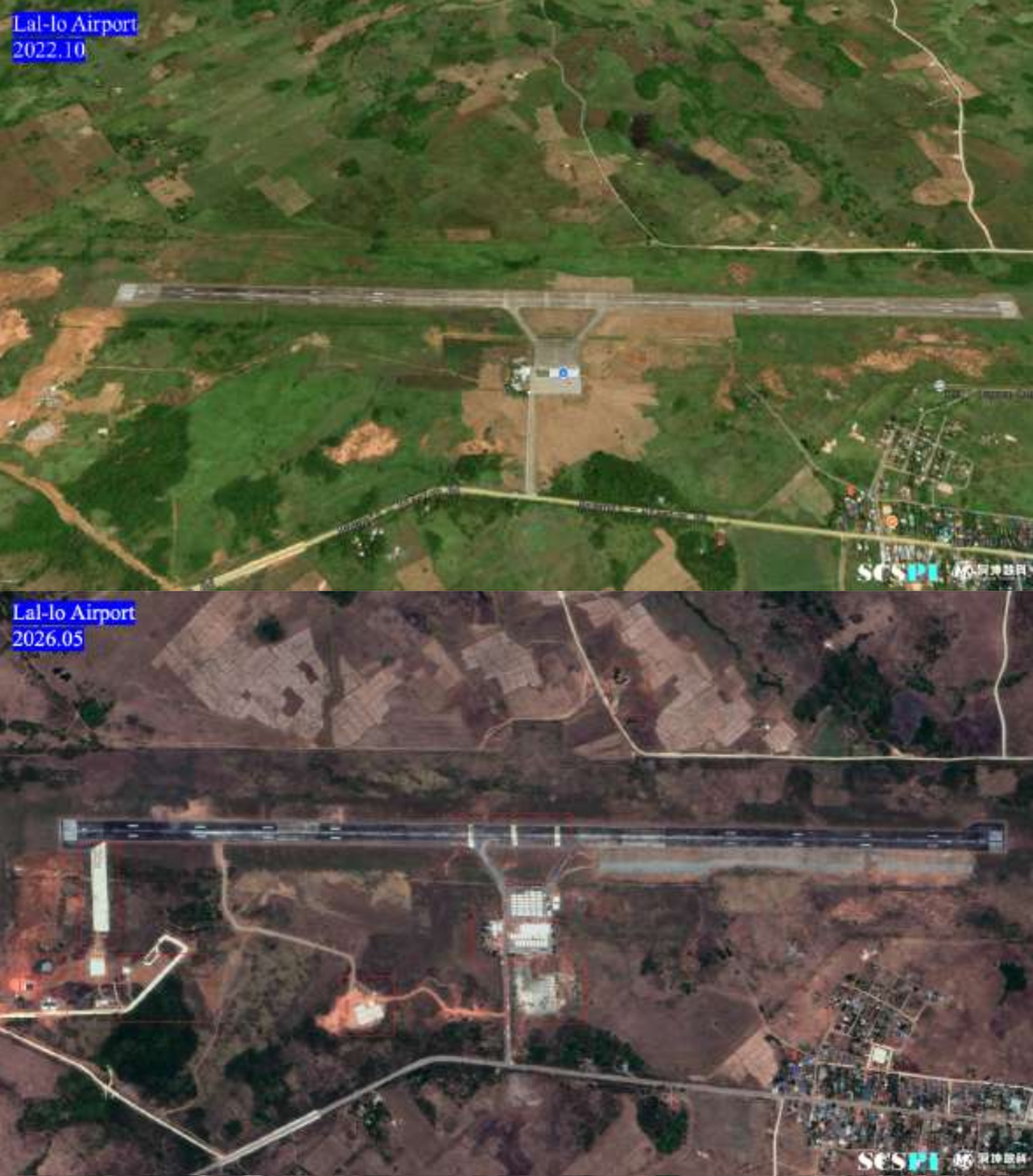 The SCSPI report on US-Philippine cooperation drew on satellites images, such as these of Lal-lo airport from 2022 and 2026. Photo: SCSPI
