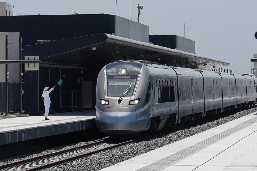 A Chinese-built passenger train during trial operations in Fujairah, the United Arab Emirates, on June 8, 2026. Photo: 
Xinhua