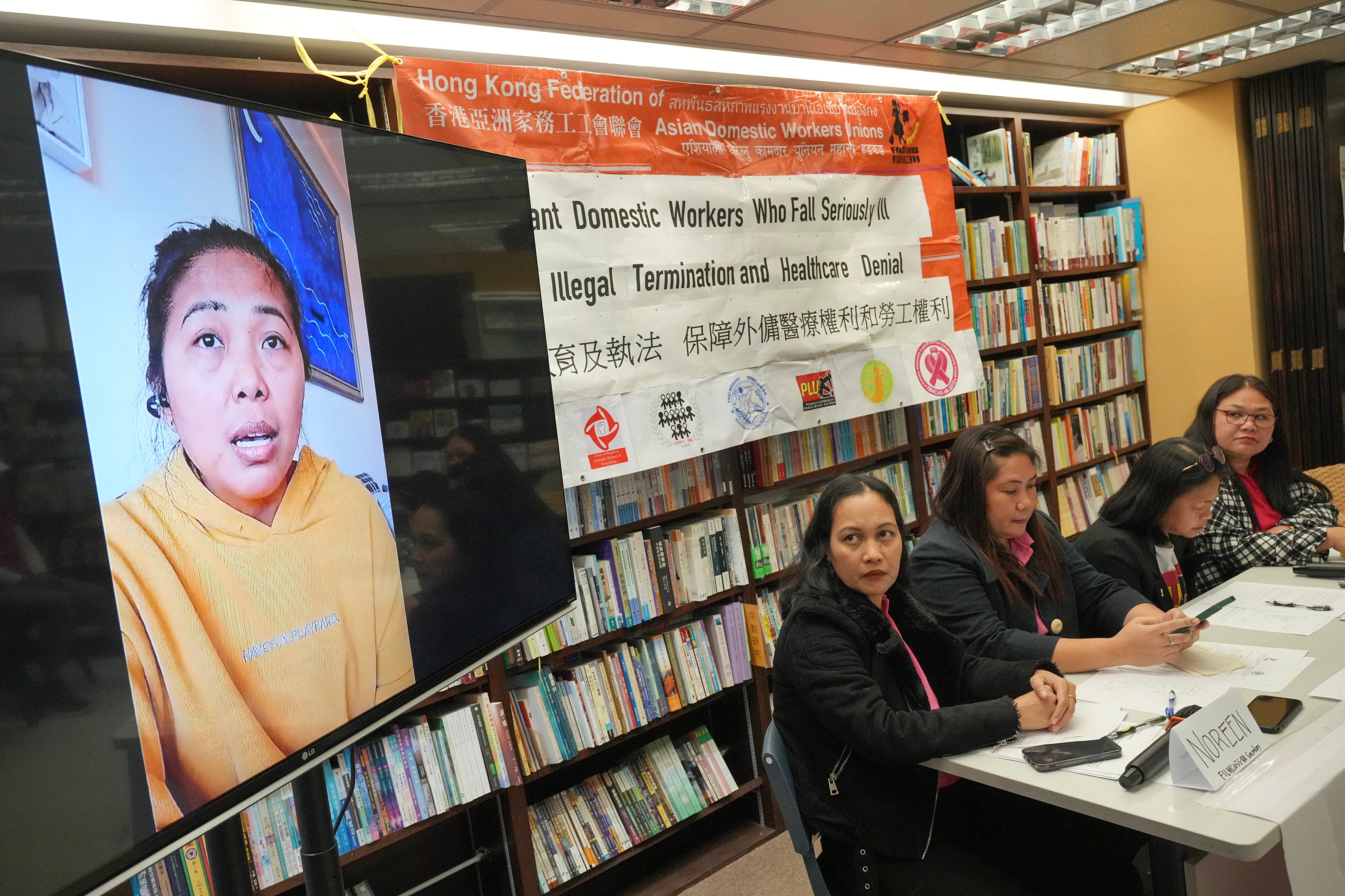 Mary Ann Allas Pereira, a sibling of Baby Jane Allas, speaks remotely at an event held by the Federation of Asian Domestic Workers Unions. Photo: May Tse