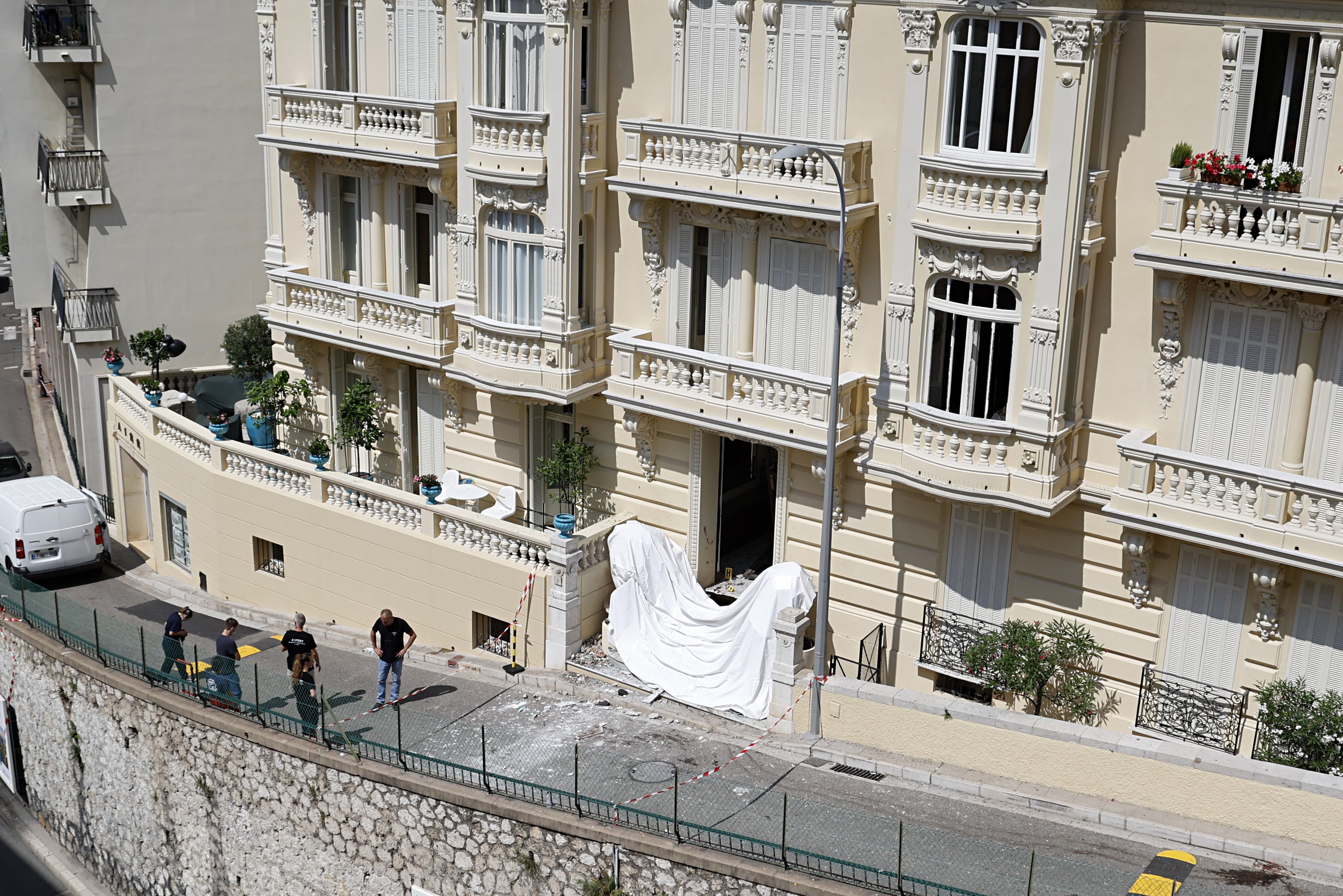 The entrance of a residential building in Monaco, where a bomb explosion wounded three people. Photo: EPA