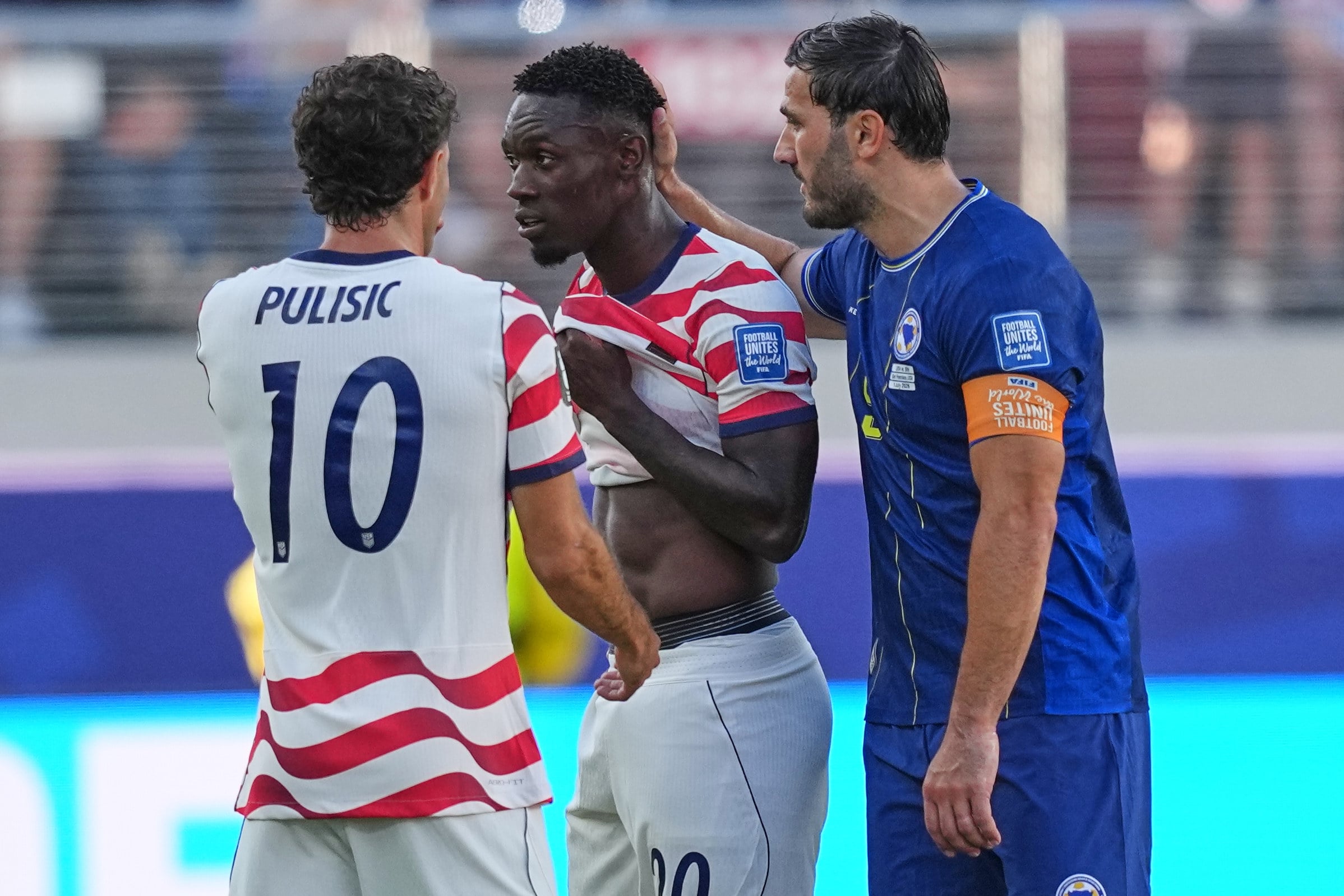Folarin Balogun (centre) is sent off the field during the World Cup 2026 match between the United States, and Bosnia and Herzegovina, on July 1. Photo: AP Photo