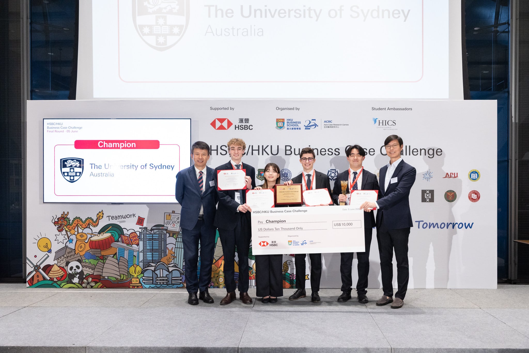 (From left) Professor Hongbin Cai, dean of HKU Business School, with winners Jacob Callaway, Praew Praewinkant, Jeremy Simonetto and Andris Dang of the University of Sydney team and David Liao, co-chief executive of HSBC Asia and Middle East, at the Global Finals of the HSBC/HKU Business Case Challenge 2026. Photo: HSBC
