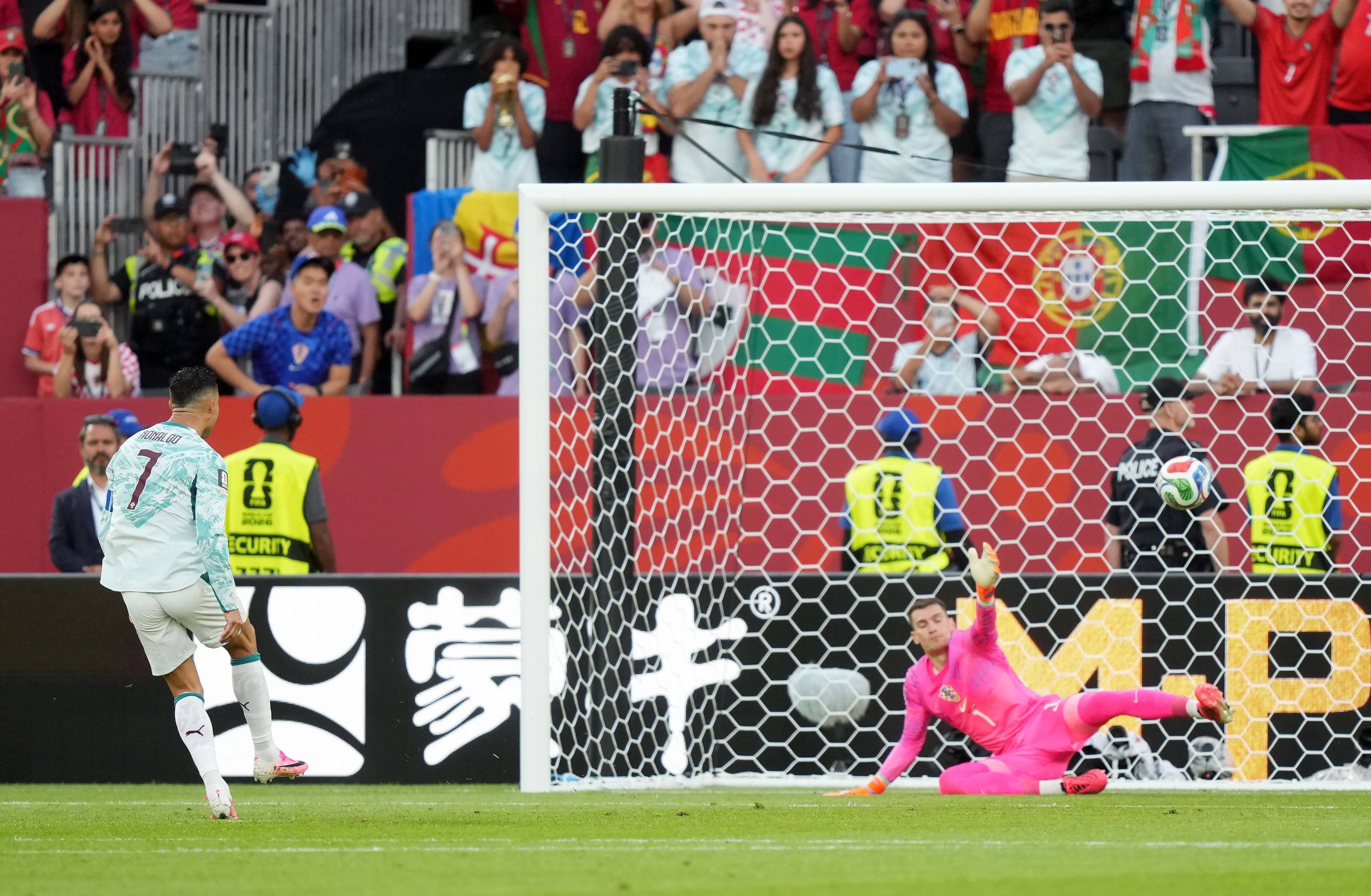Portugal’s Cristiano Ronaldo scores his side’s first goal during the World Cup match against Croatia. Photo: dpa