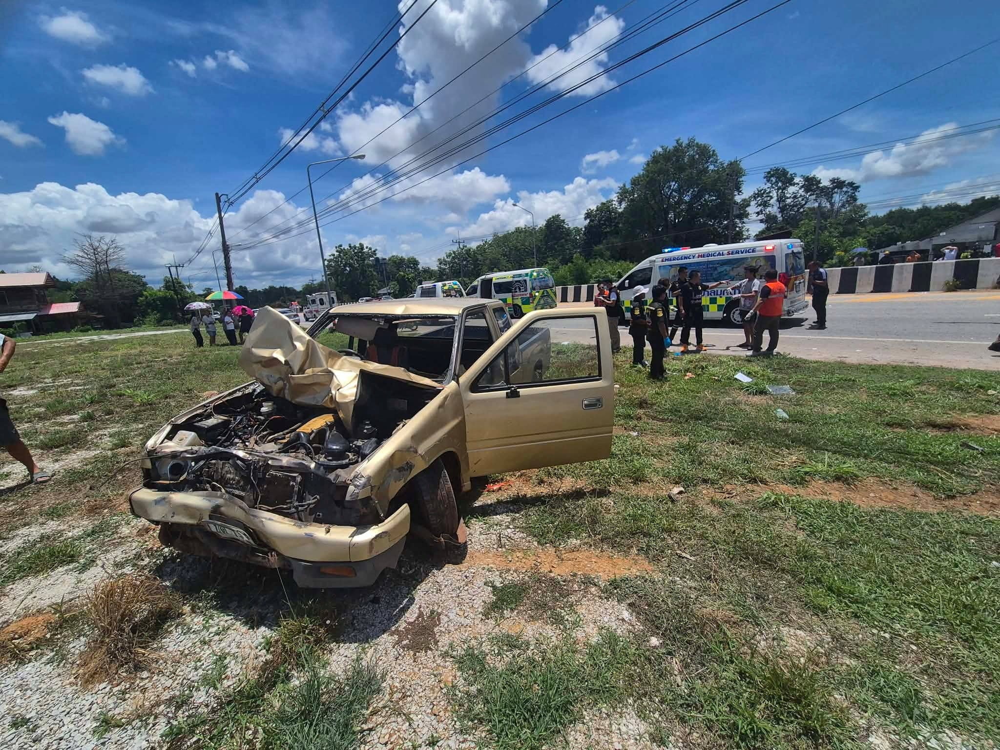 Emergency medical personnel work next to a damaged vehicle that was crashed by an 11-year-old boy into a group of Buddhist monks along the roadside in Mukdahan, Thailand, July 2, 2026. Ruamjai Mukdahan Rescue/Handout via REUTERS    THIS IMAGE HAS BEEN SUPPLIED BY A THIRD PARTY. NO RESALES. NO ARCHIVES. MANDATORY CREDIT.