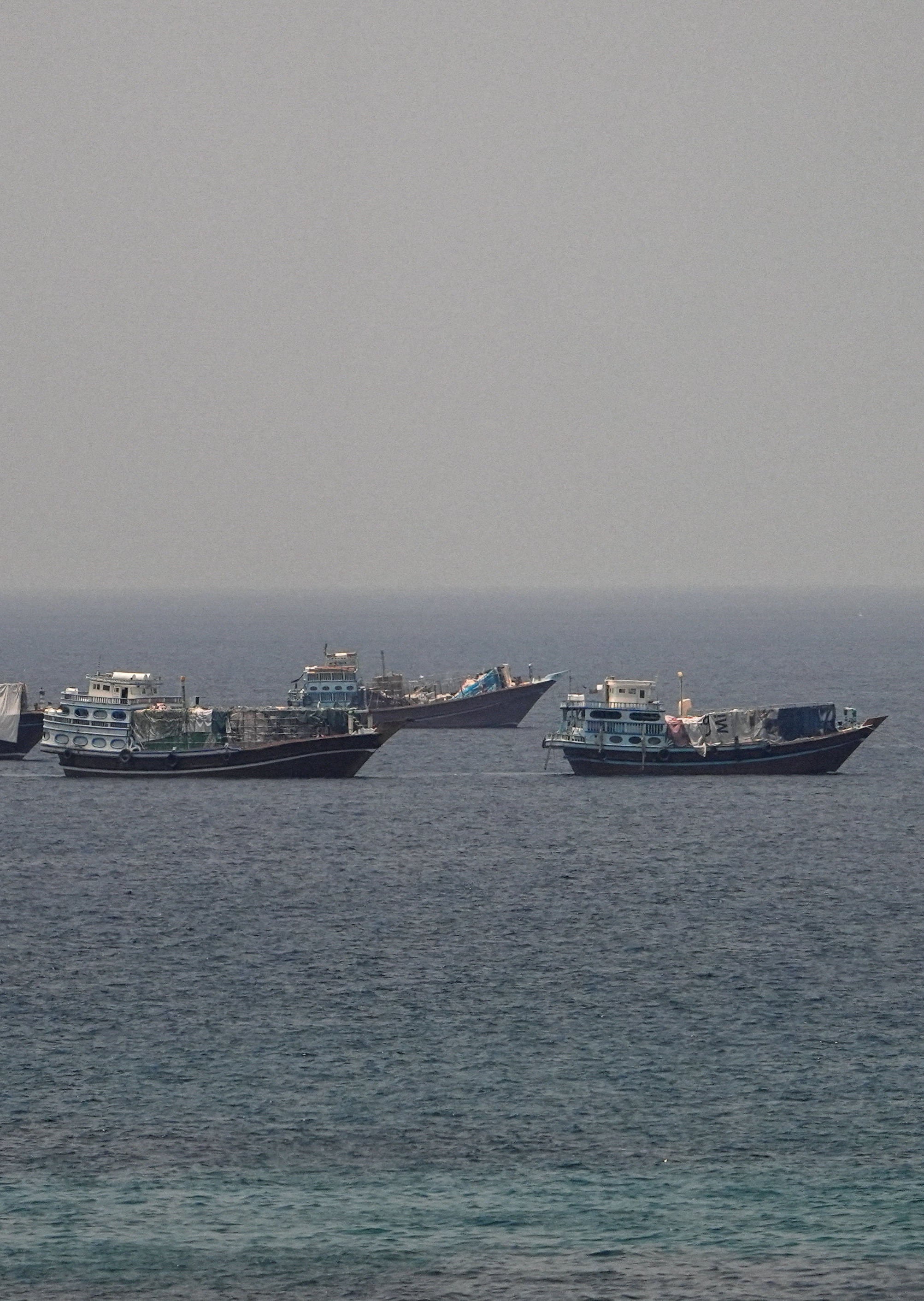 Vessels at anchor in the Strait of Hormuz, as seen from Musandam, Oman, on Wednesday. Photo: Reuters