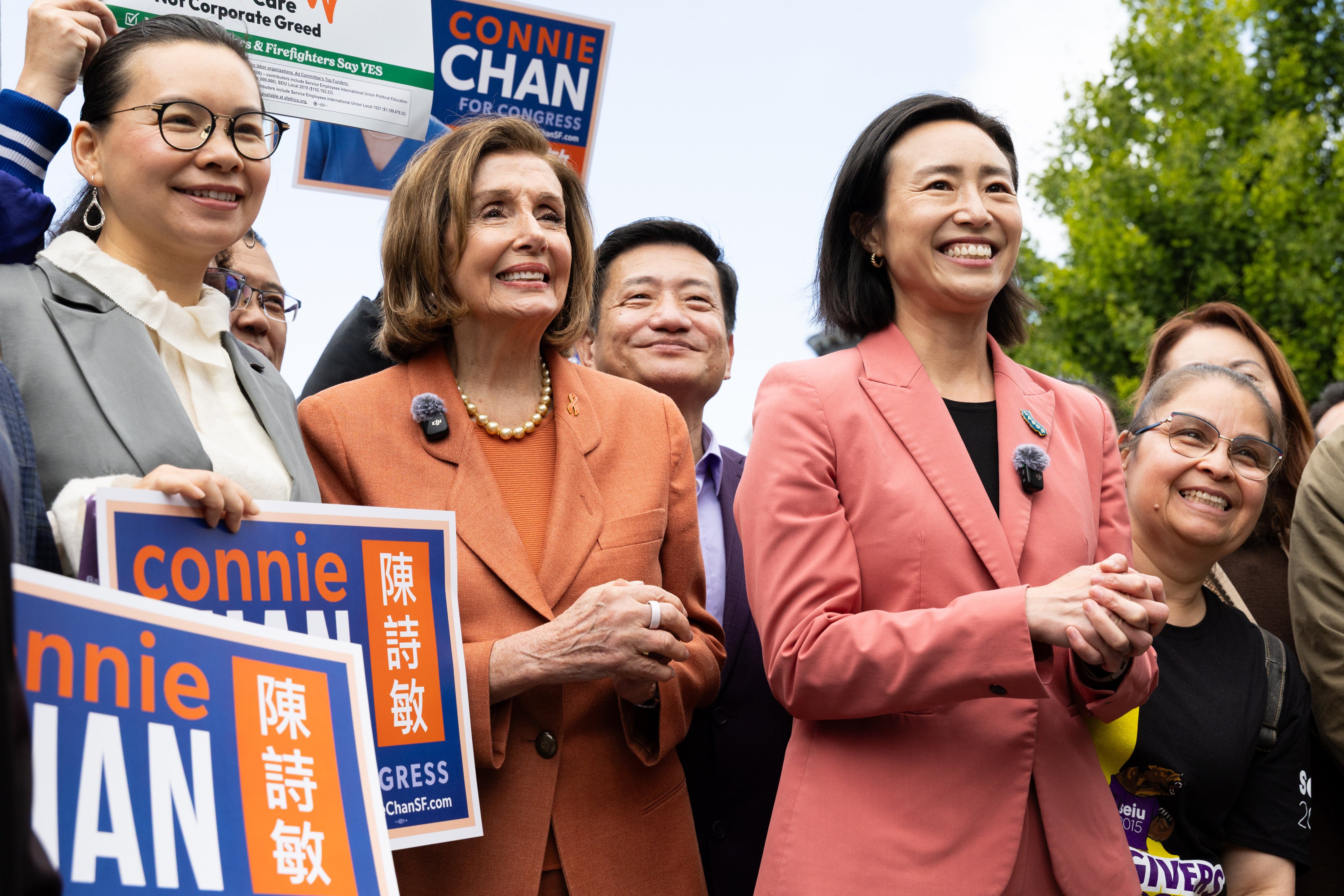 Retiring US Representative Nancy Pelosi (second left) and San Francisco Supervisor Connie Chan at a “Get Out the Vote” rally in May. Photo: Getty Images