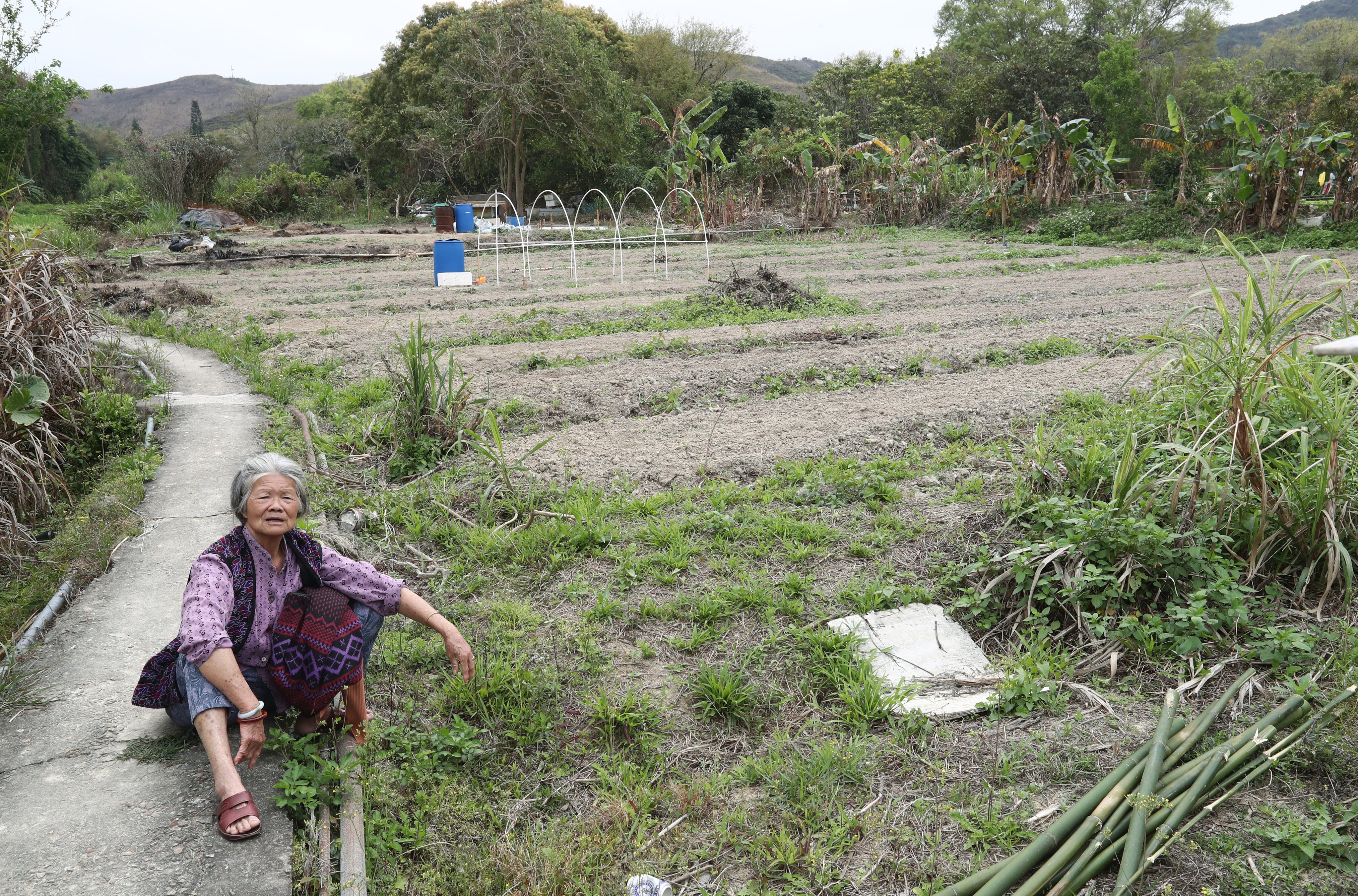 An indigenous villager and farmland in Sheung Shan Kai Wat village in Ping Che, Ta Kwu Ling, New Territories, on March 7, 2018. Photo: Nora Tam