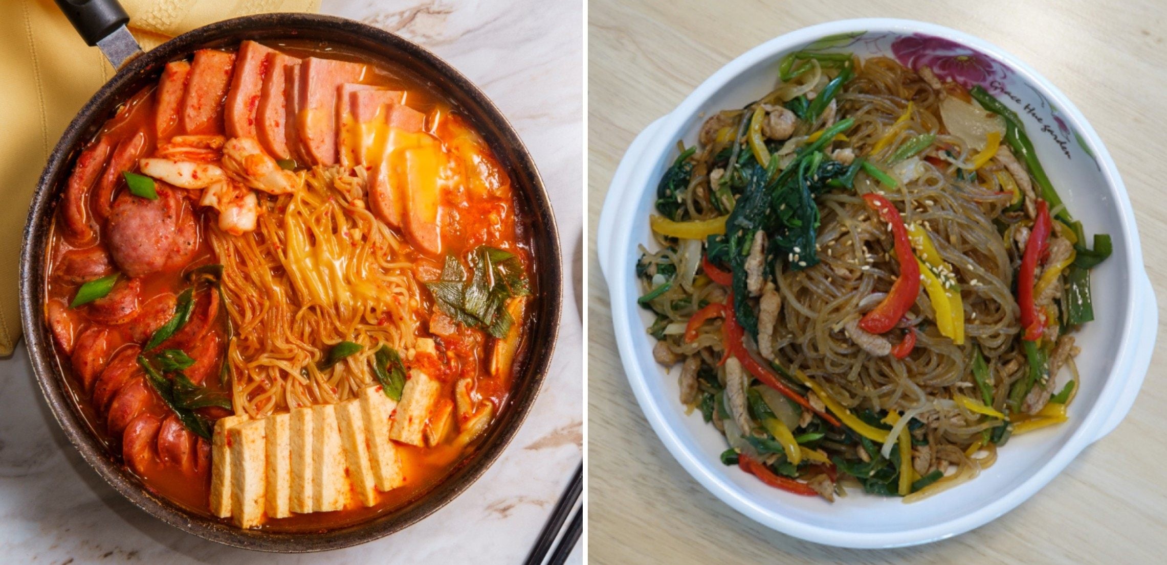Budae jjigae (left) with instant ramen, and japchae, a savory and slightly sweet dish of stir-fried glass noodles. But which noodles are better for weight management? Photos: Getty Images, Shutterstock