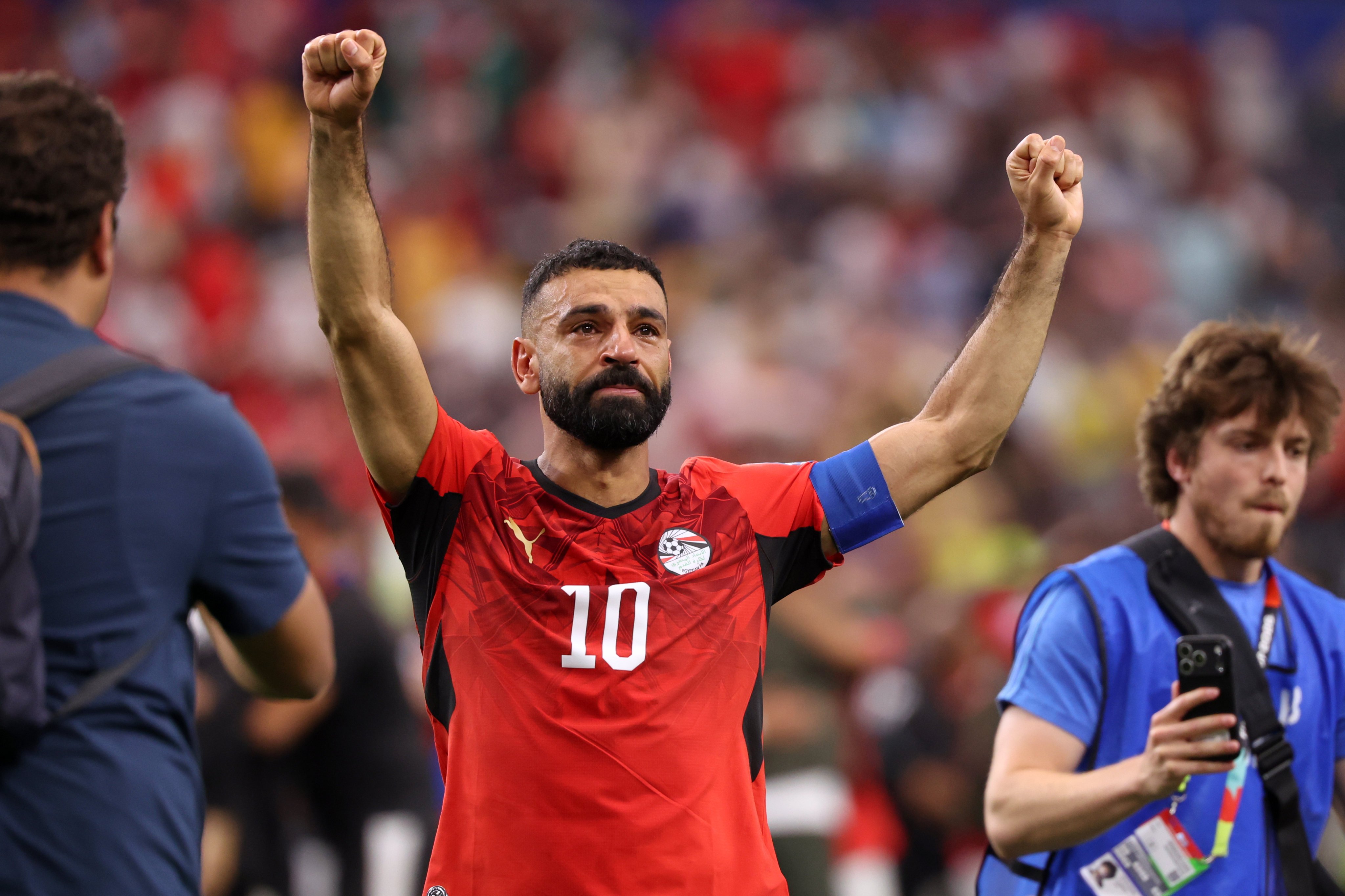Egypt’s Mohamed Salah celebrates after his side secured their spot in the last 16. Photo: AP