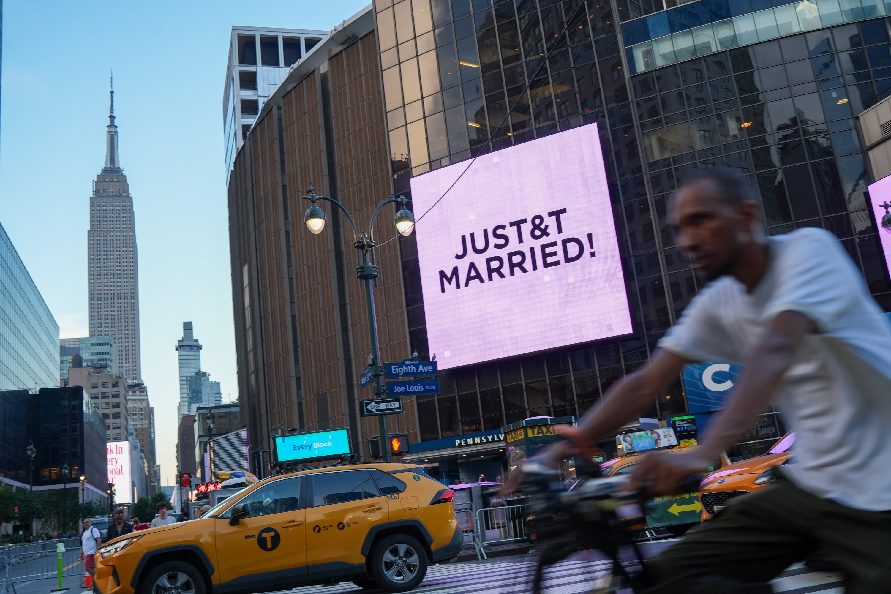 A “Just Married” sign is displayed at Madison Square Garden during the wedding of Taylor Swift and Travis Kelce on Friday. Photo: AP