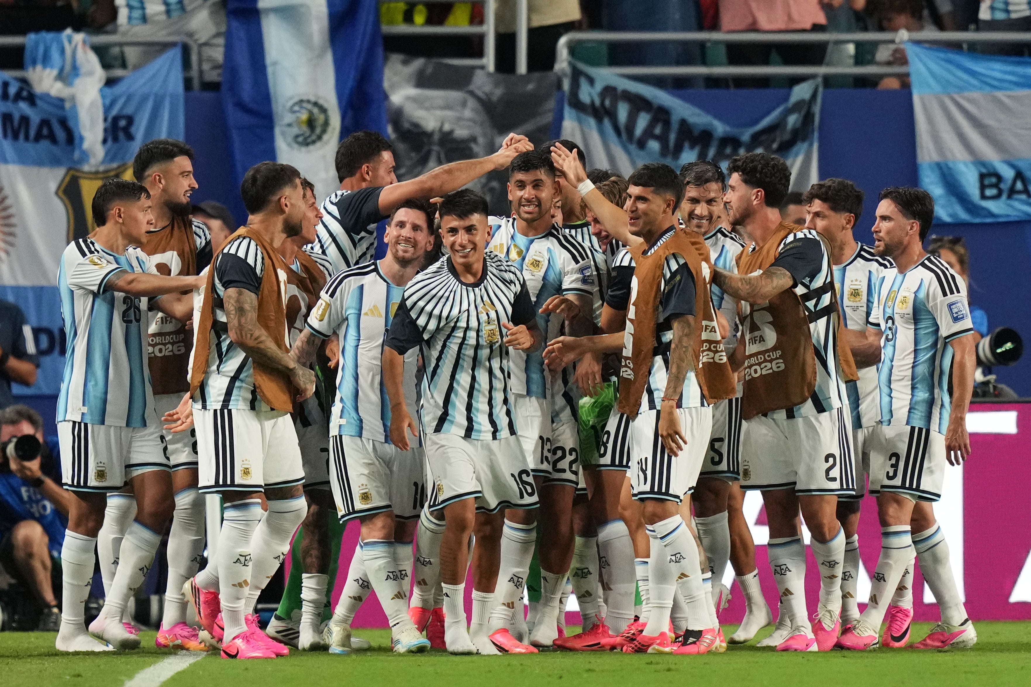 Argentina celebrate after finally getting the better of Cabo Verde. Photo: AP